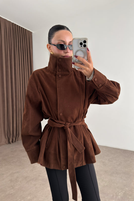 Premium Dik Yakalı Bele Oturan Süet Kahve Ceket