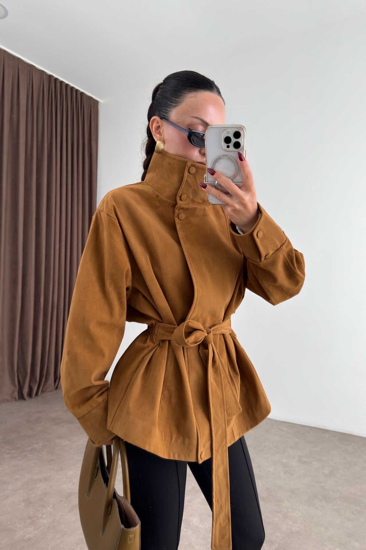 Premium Dik Yakalı Bele Oturan Süet Camel Ceket