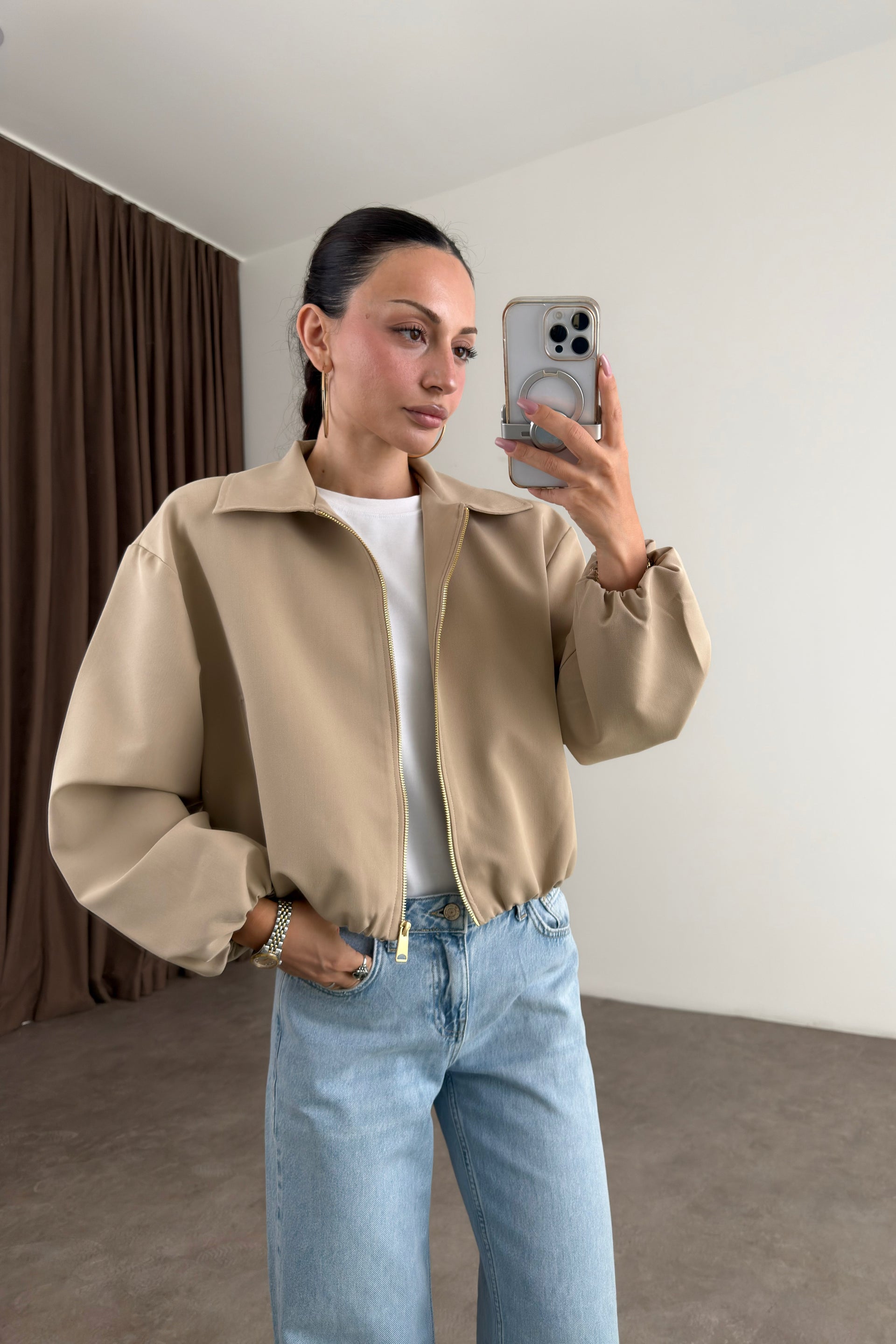 Premium Polo Yaka Bej Bomber Ceket