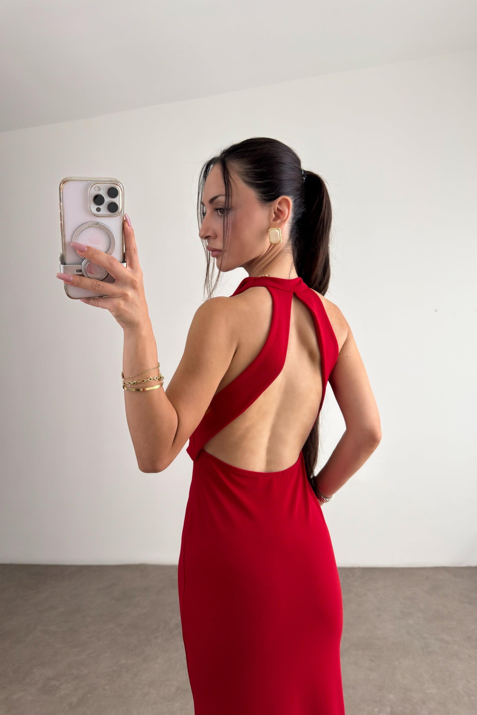 Zr Halter Yaka Sırt Dekolteli Midi Kırmızı Elbise