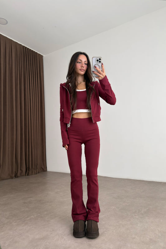 Flare Pantolon Ceket 3'lü Bordo Spor Takım