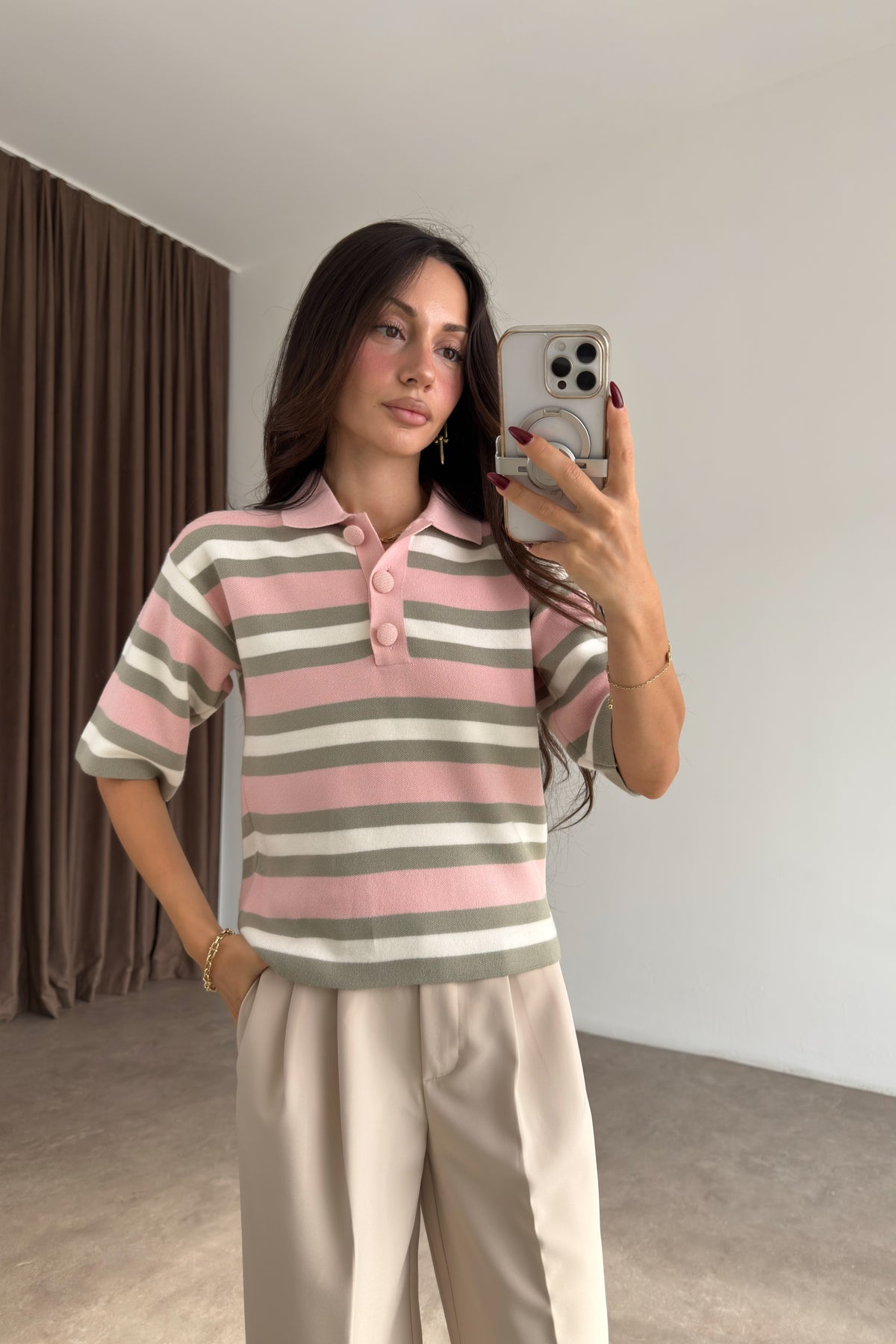 Asos Orj Pembe Çizgili Polo Yaka Kazak