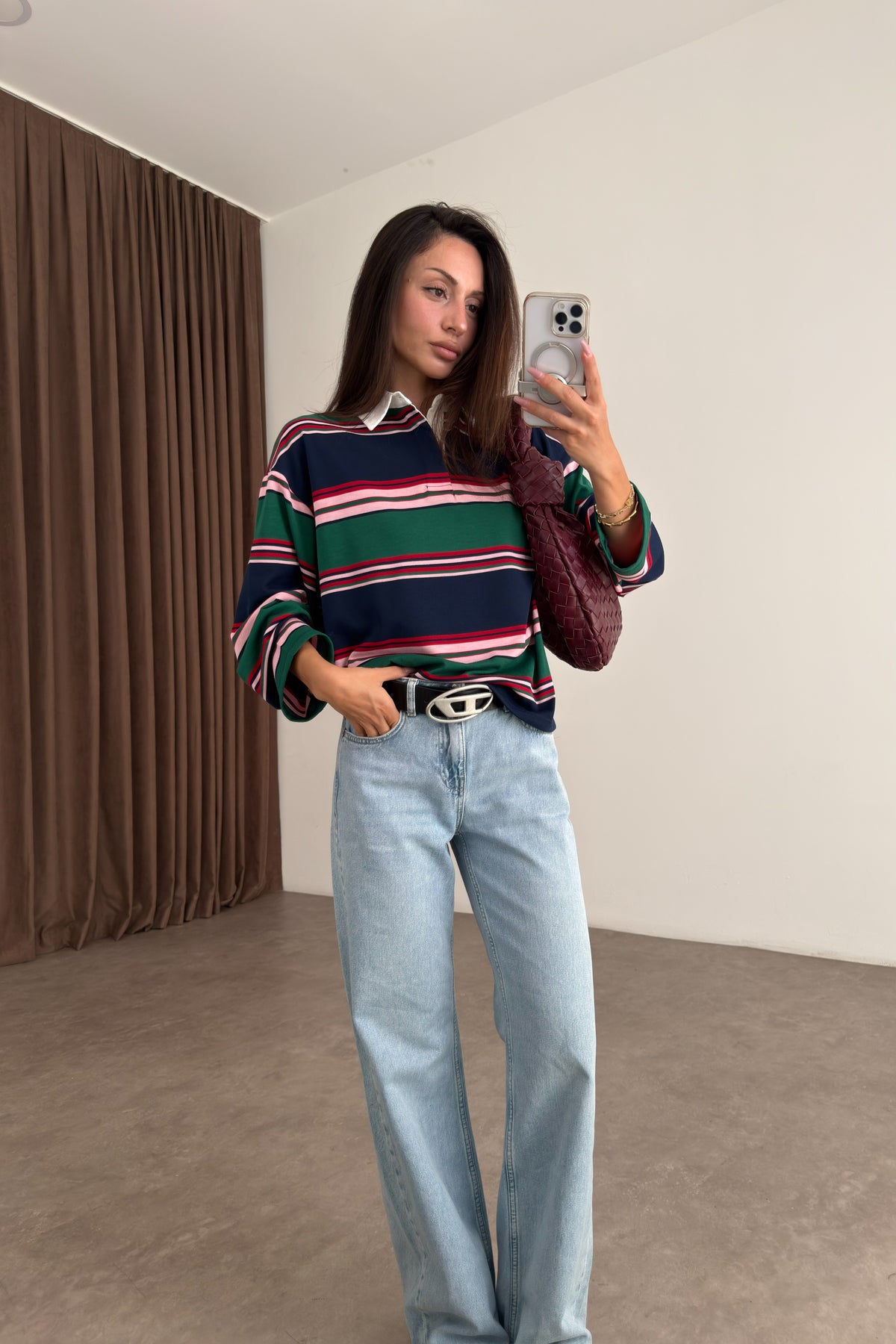 Zr Model Polo Yaka Yeşil Pembe Çizgili Tişört