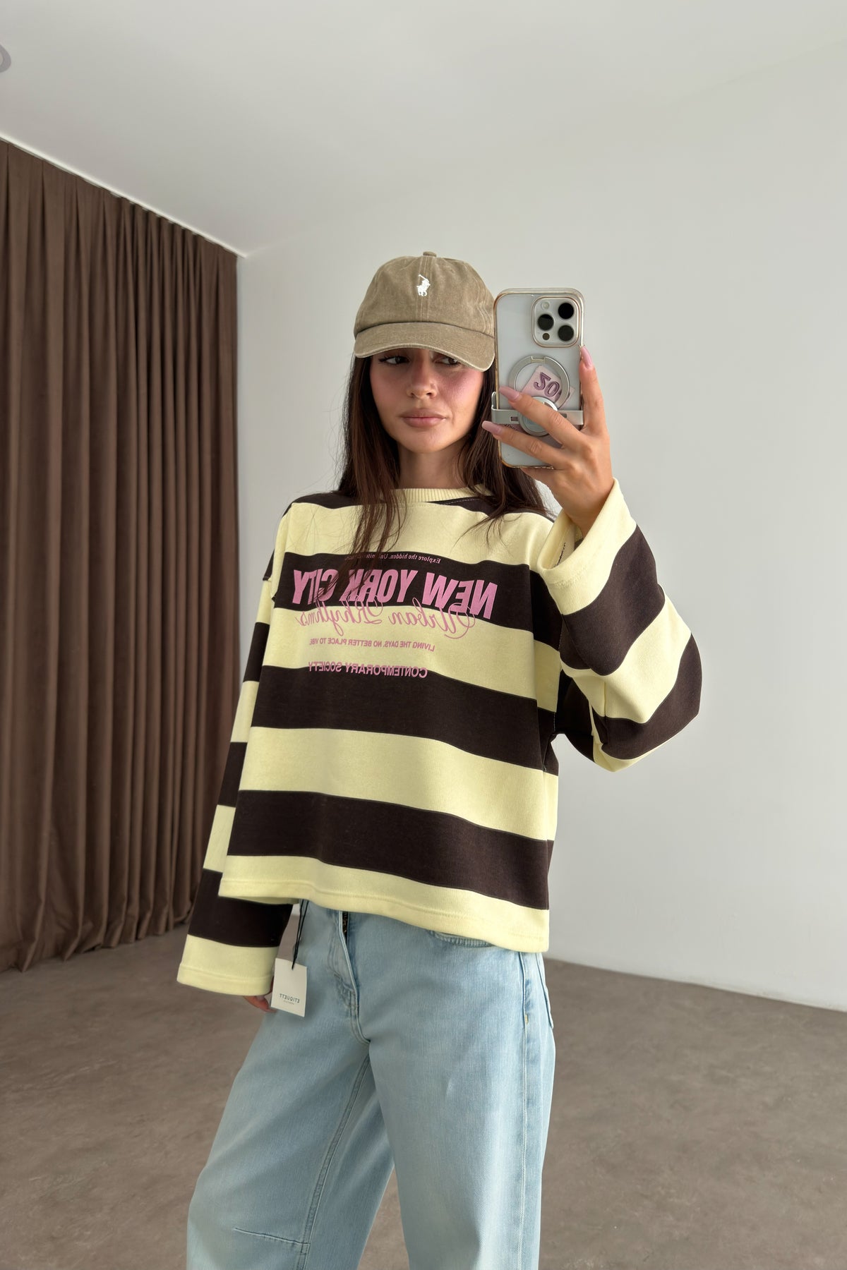 NYC Sarı Kahve Çizgili Sweatshirt