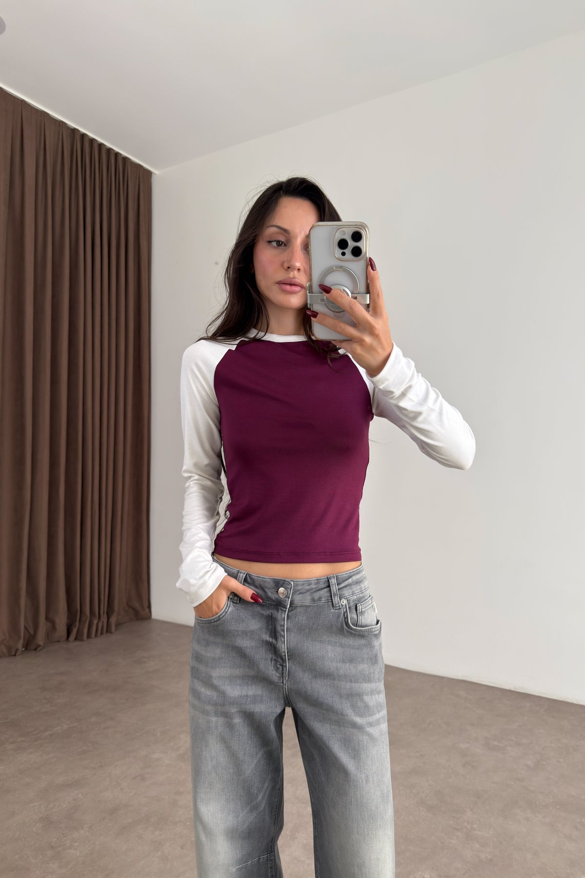 Raglan Kollu Beyaz Mürdüm Body