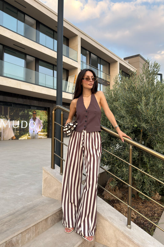 Çizgili Kahve Ekru Düz Paça Pantolon