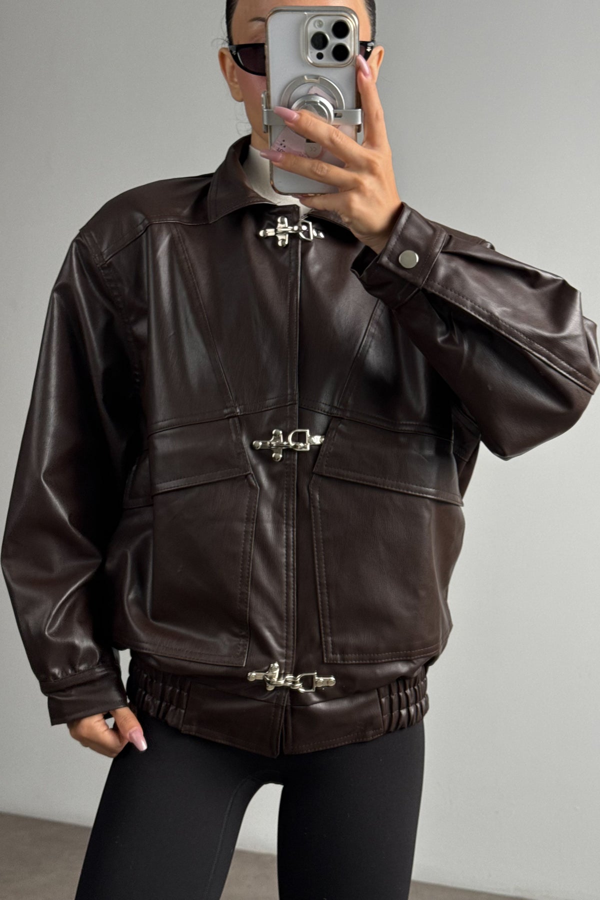 Premium Metal Kilit Düğmeli Deri Kahve Ceket