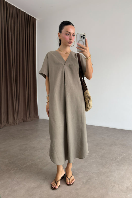 Premium Linen Keten Elbise Vizon