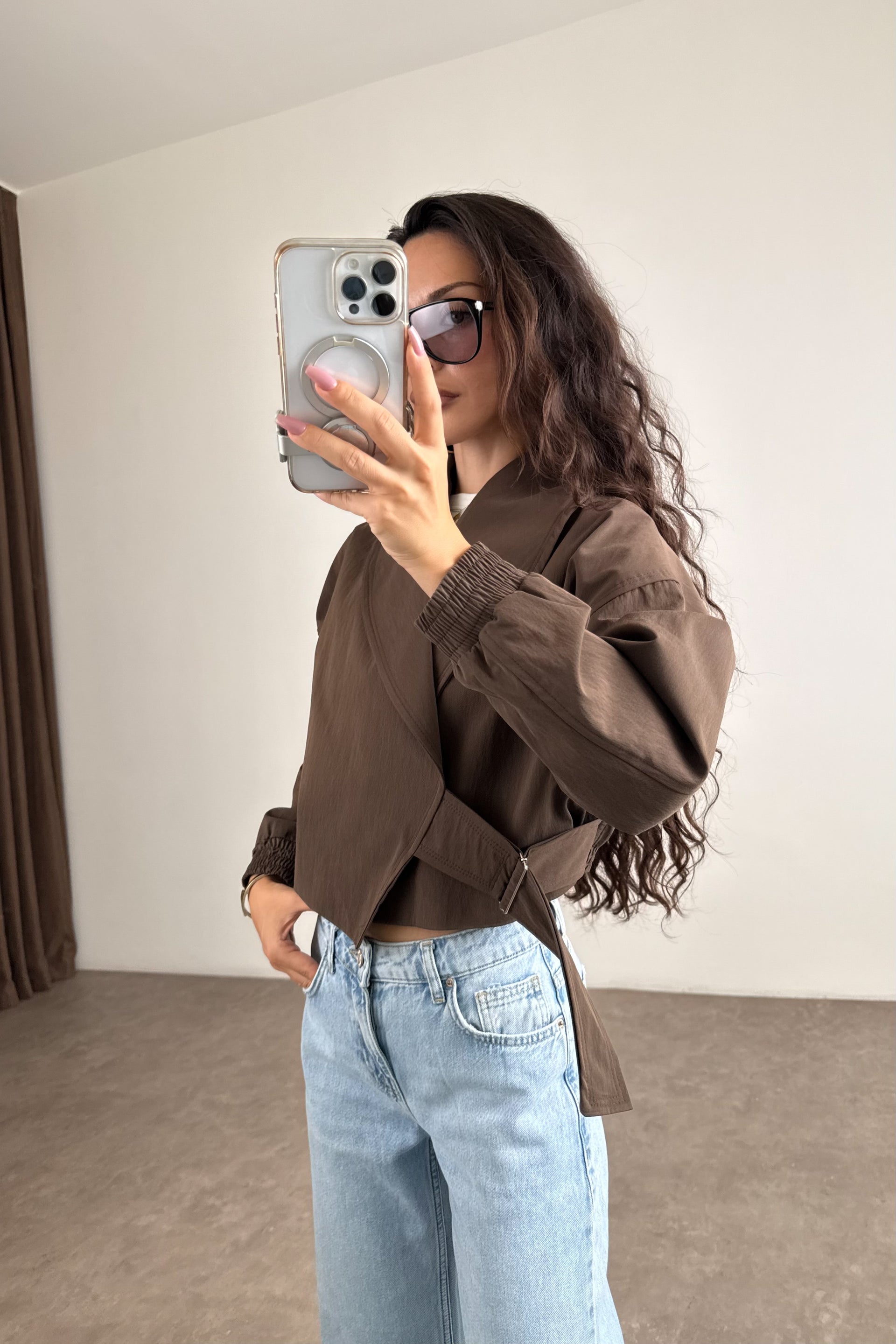 Kruvaze Kesim Şal Yaka Kemerli Walnut Bomber Trençkot