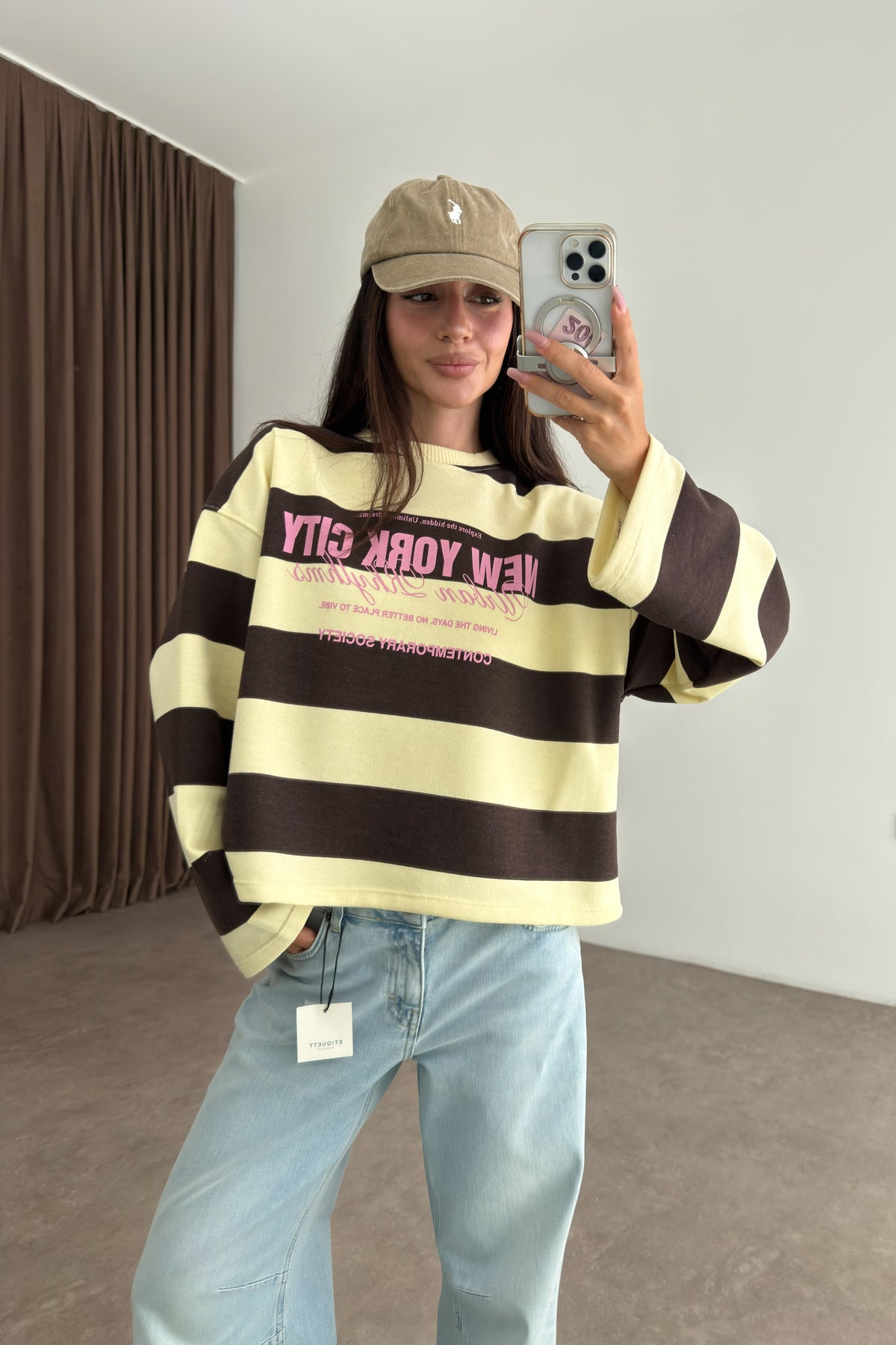 NYC Sarı Kahve Çizgili Sweatshirt
