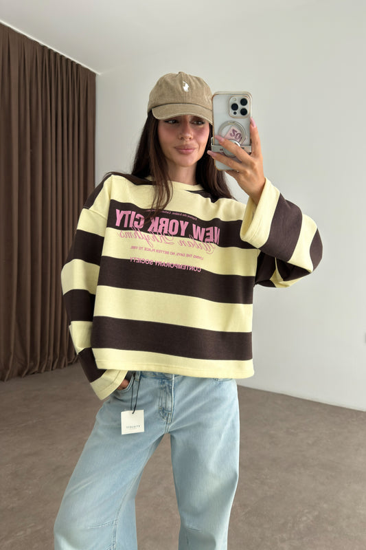 NYC Sarı Kahve Çizgili Sweatshirt