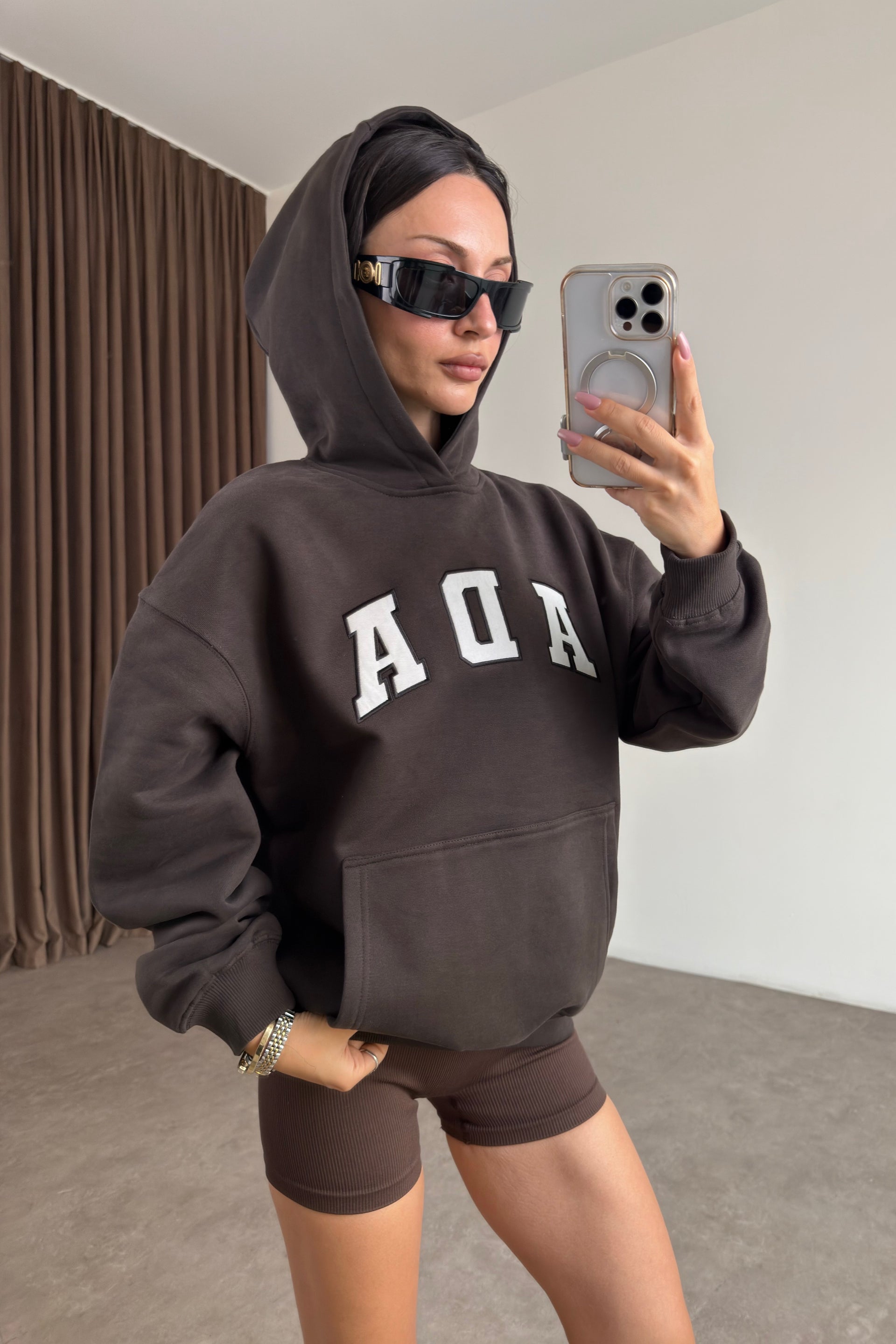 Orijinal Marka Ada Kahve Kapüşonlu Şardonlu Sweatshirt