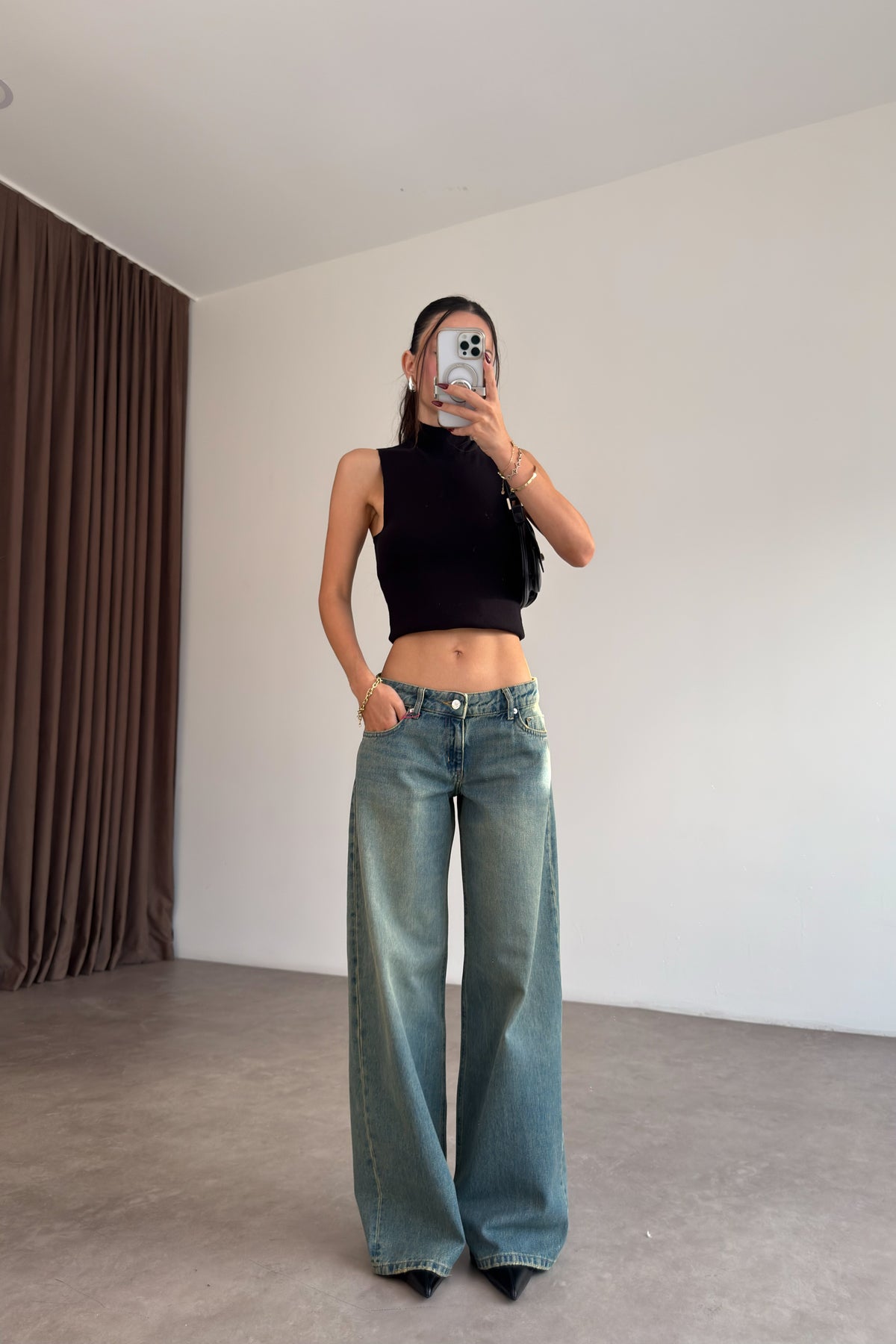Premium Düşük Bel Vintage Blue Baggy Jean