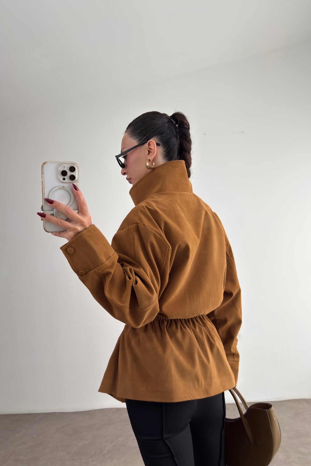 Premium Dik Yakalı Bele Oturan Süet Camel Ceket