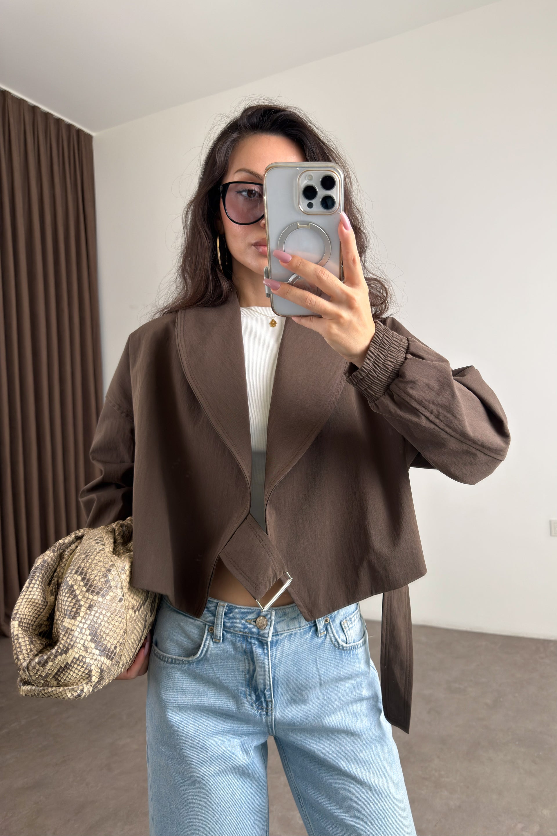 Kruvaze Kesim Şal Yaka Kemerli Walnut Bomber Trençkot