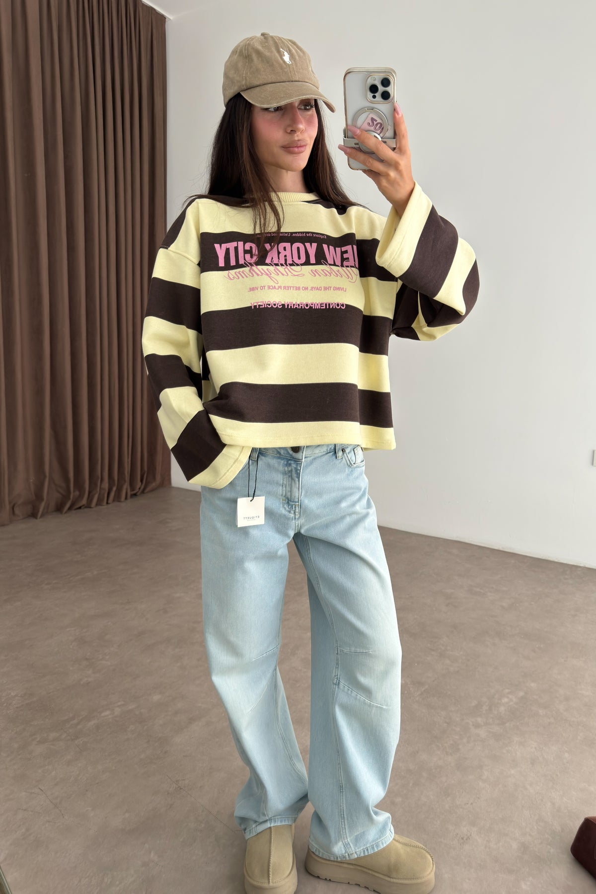 NYC Sarı Kahve Çizgili Sweatshirt