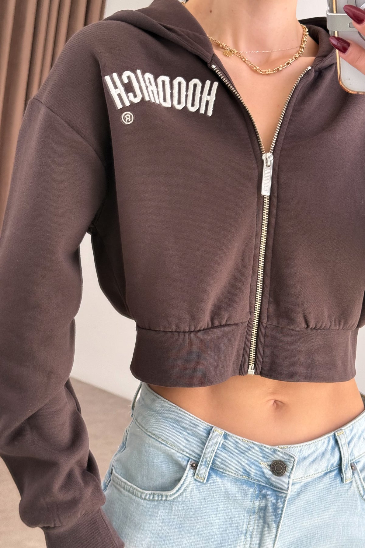 Hoodrich Şardonlu Nakış Detaylı Kahve Fermuarlı Sweatshirt