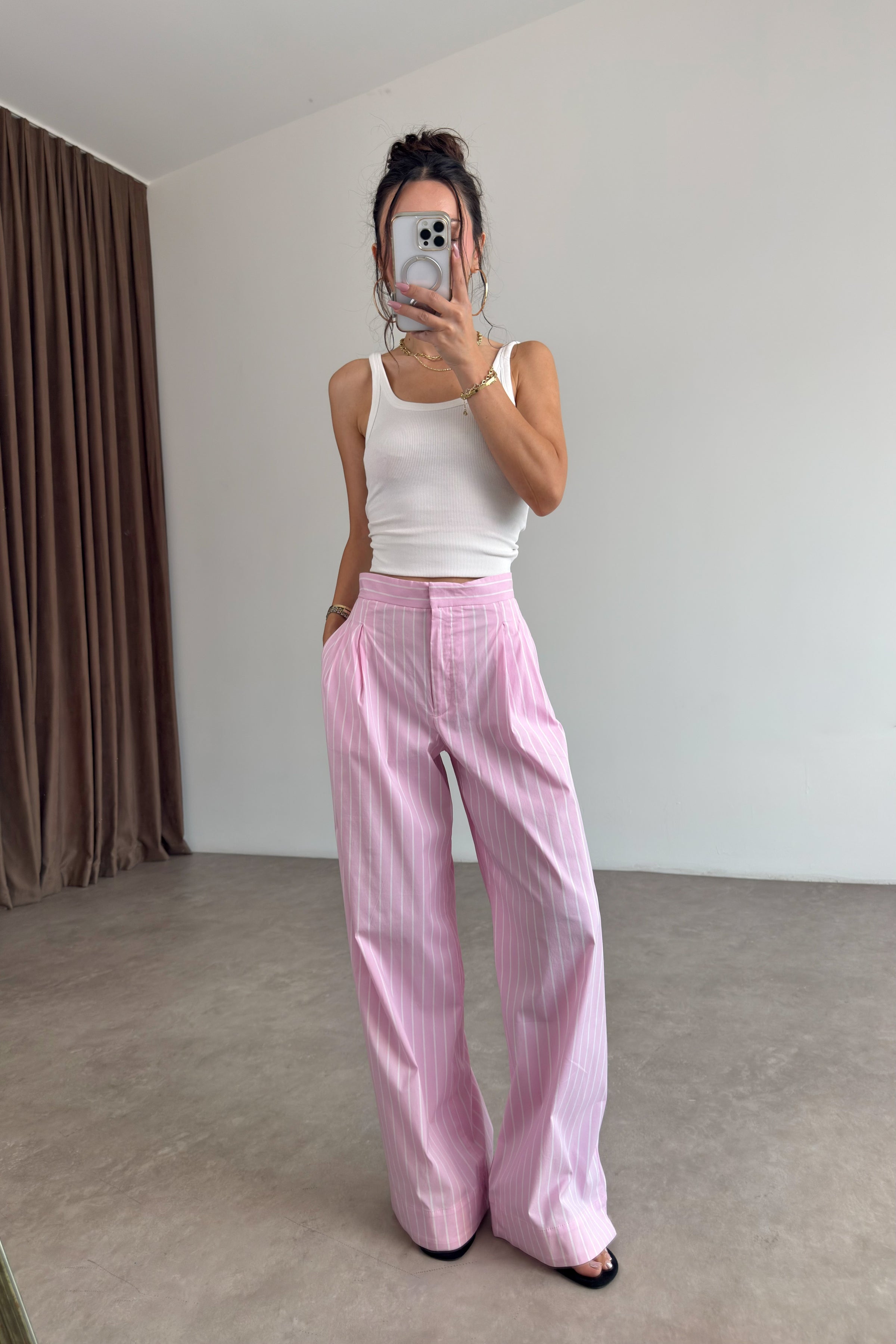 Zr Pembe Beyaz Çizgili Pantolon