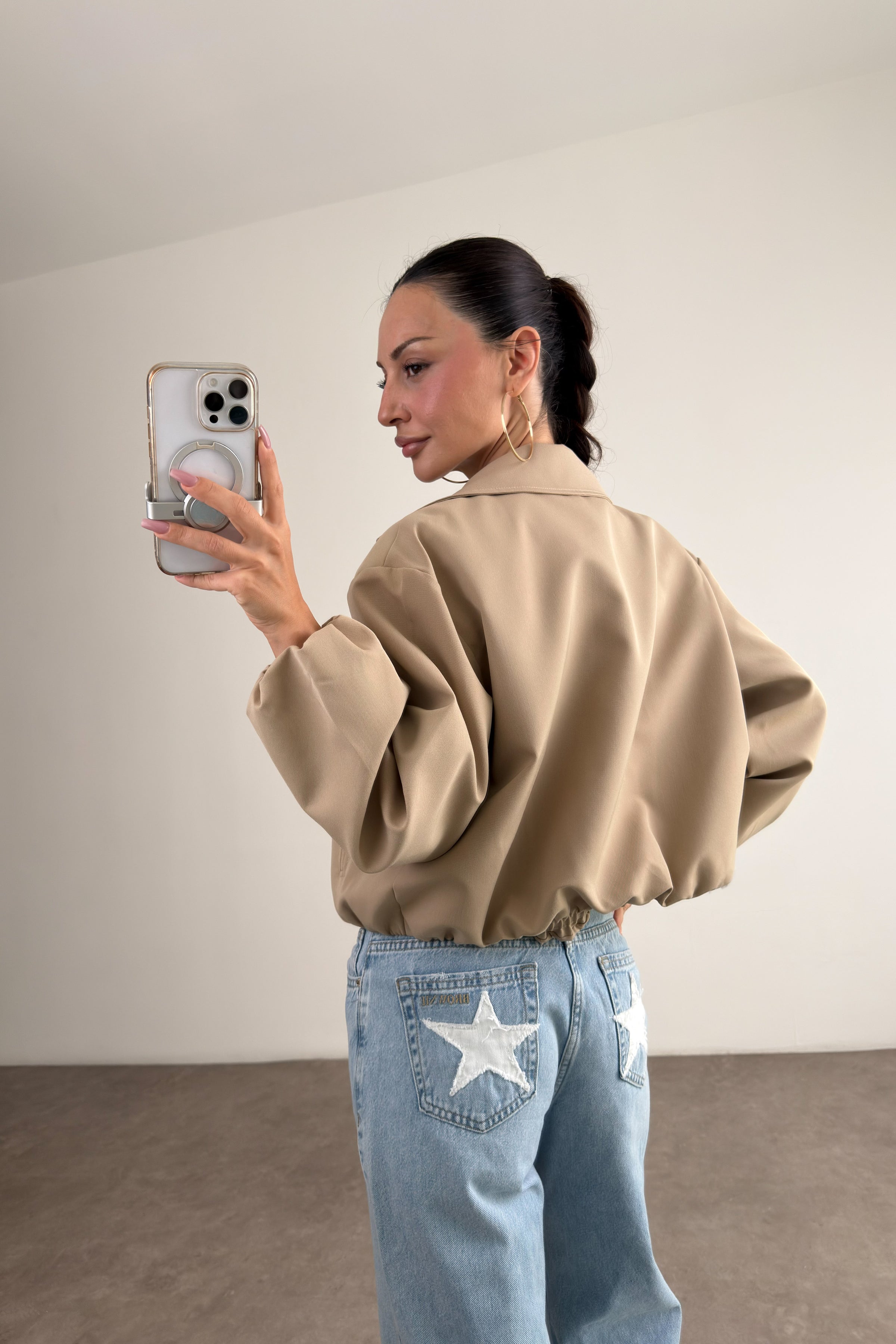 Premium Polo Yaka Bej Bomber Ceket
