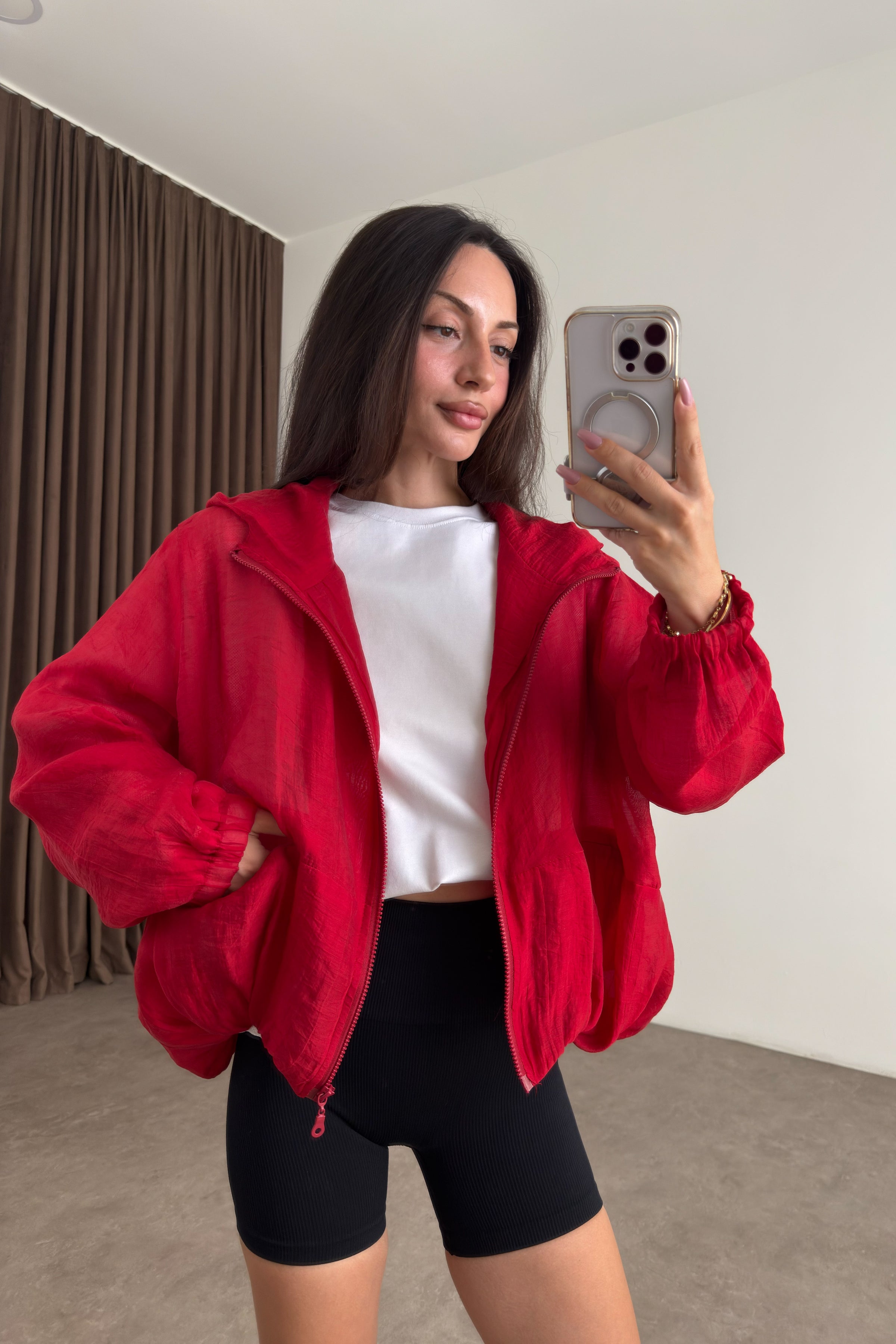 Bomber Kesim Kırmızı Yağmurluk