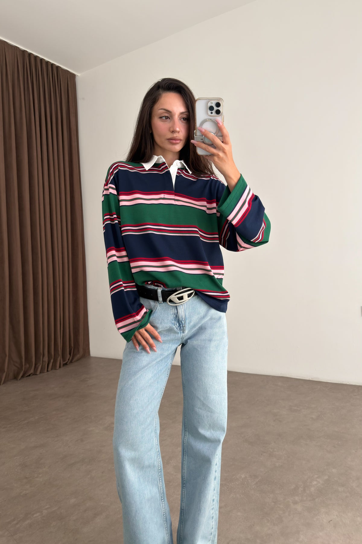 Zr Model Polo Yaka Yeşil Pembe Çizgili Tişört