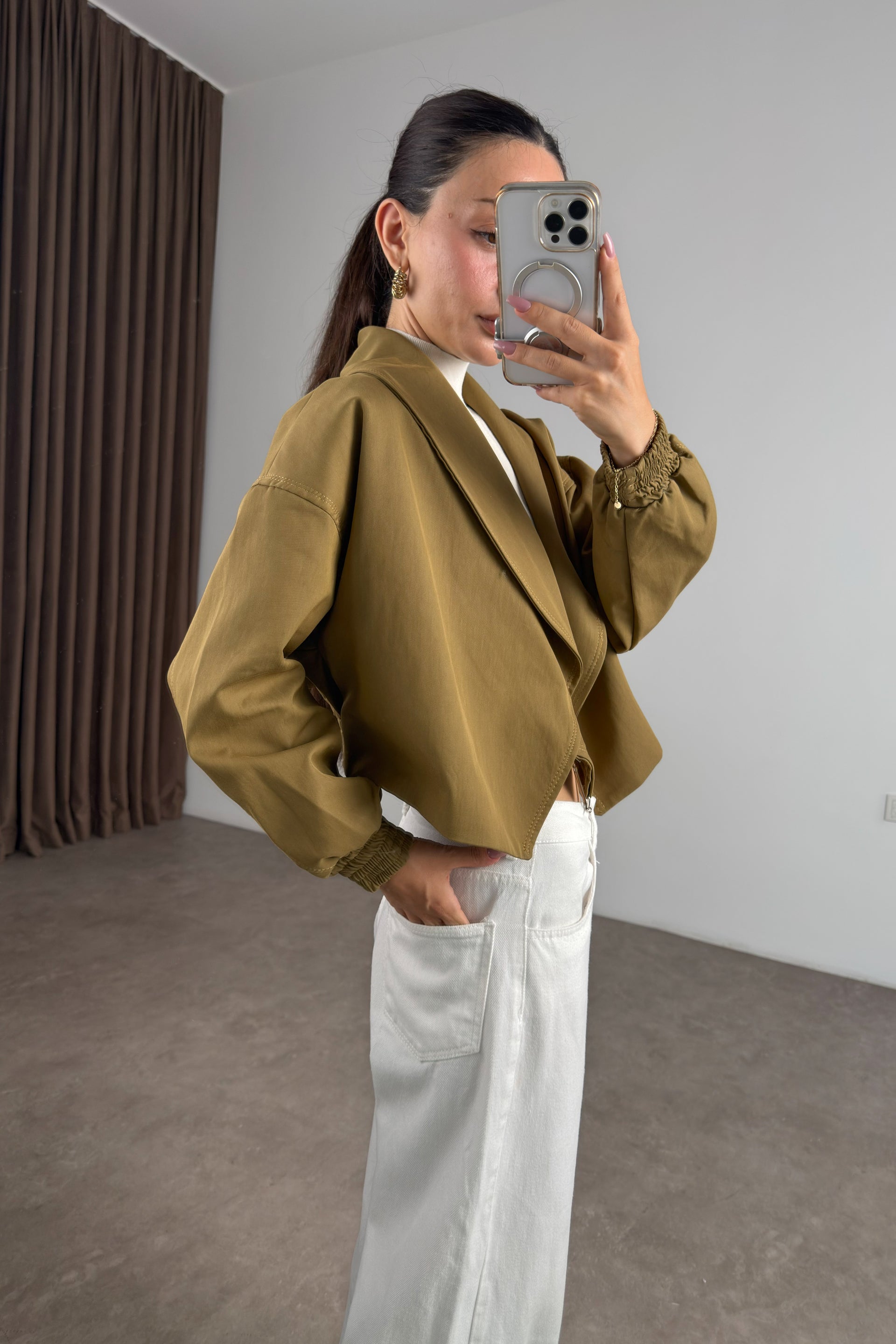 Kruvaze Kesim Şal Yaka Kemerli Olive  Bomber Trençkot