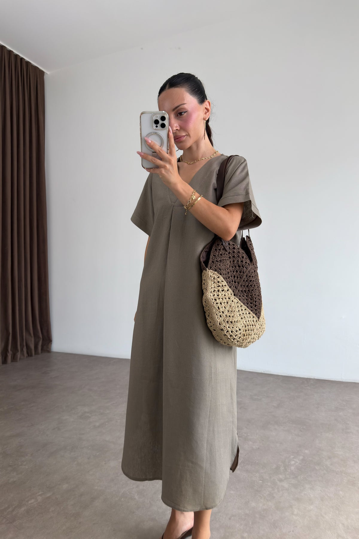 Premium Linen Keten Elbise Vizon