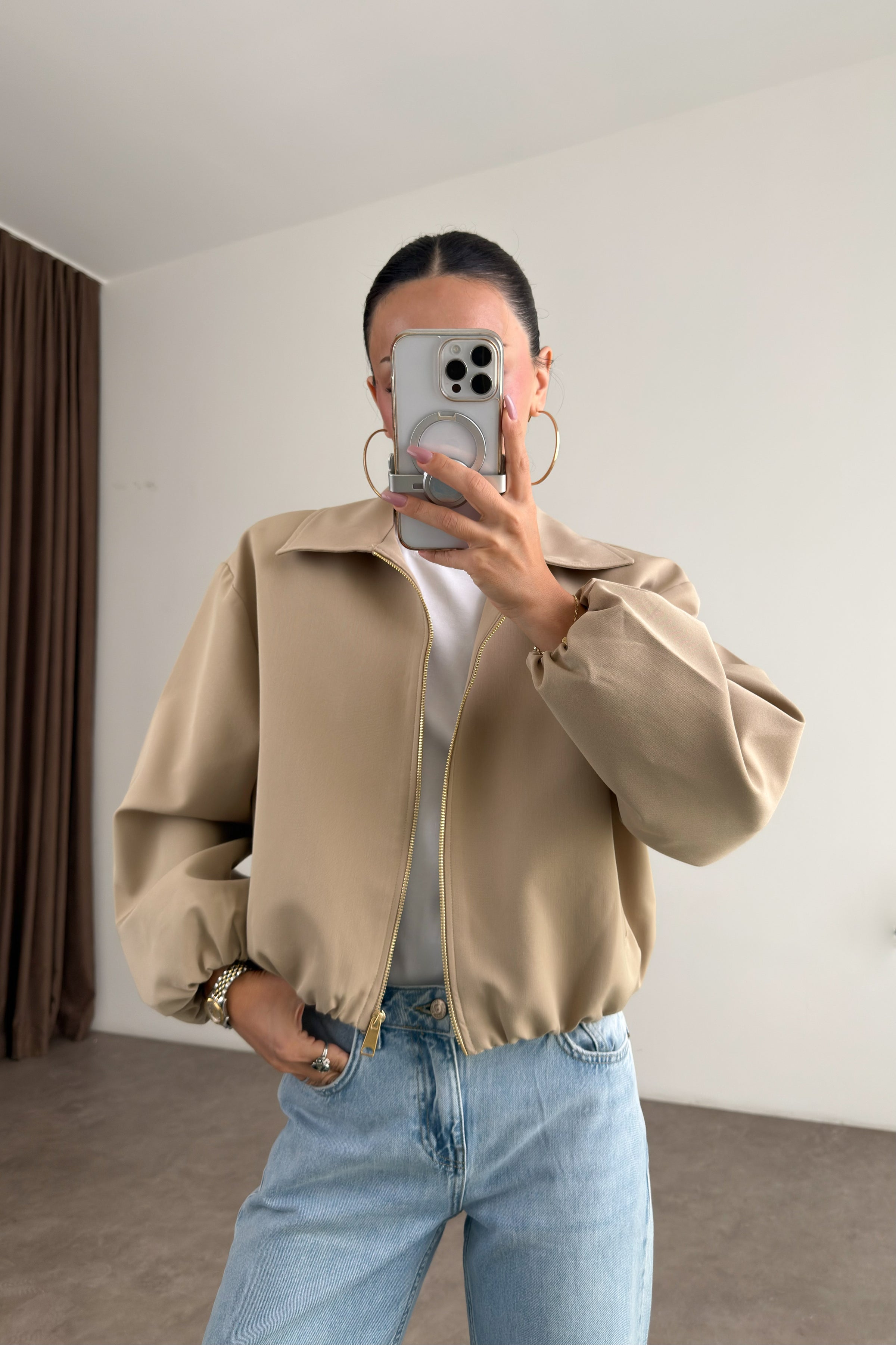 Premium Polo Yaka Bej Bomber Ceket