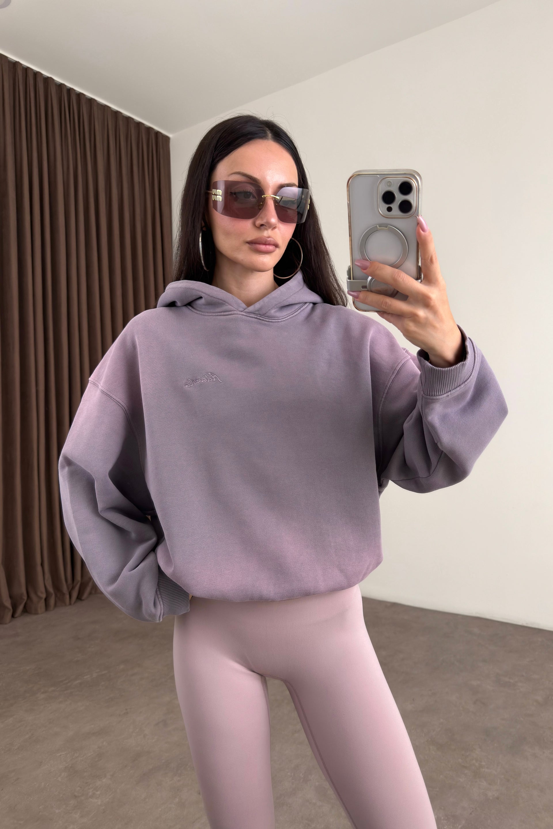 Orijinal Marka Kapüşonlu Asit Efektli Lila Sweatshirt