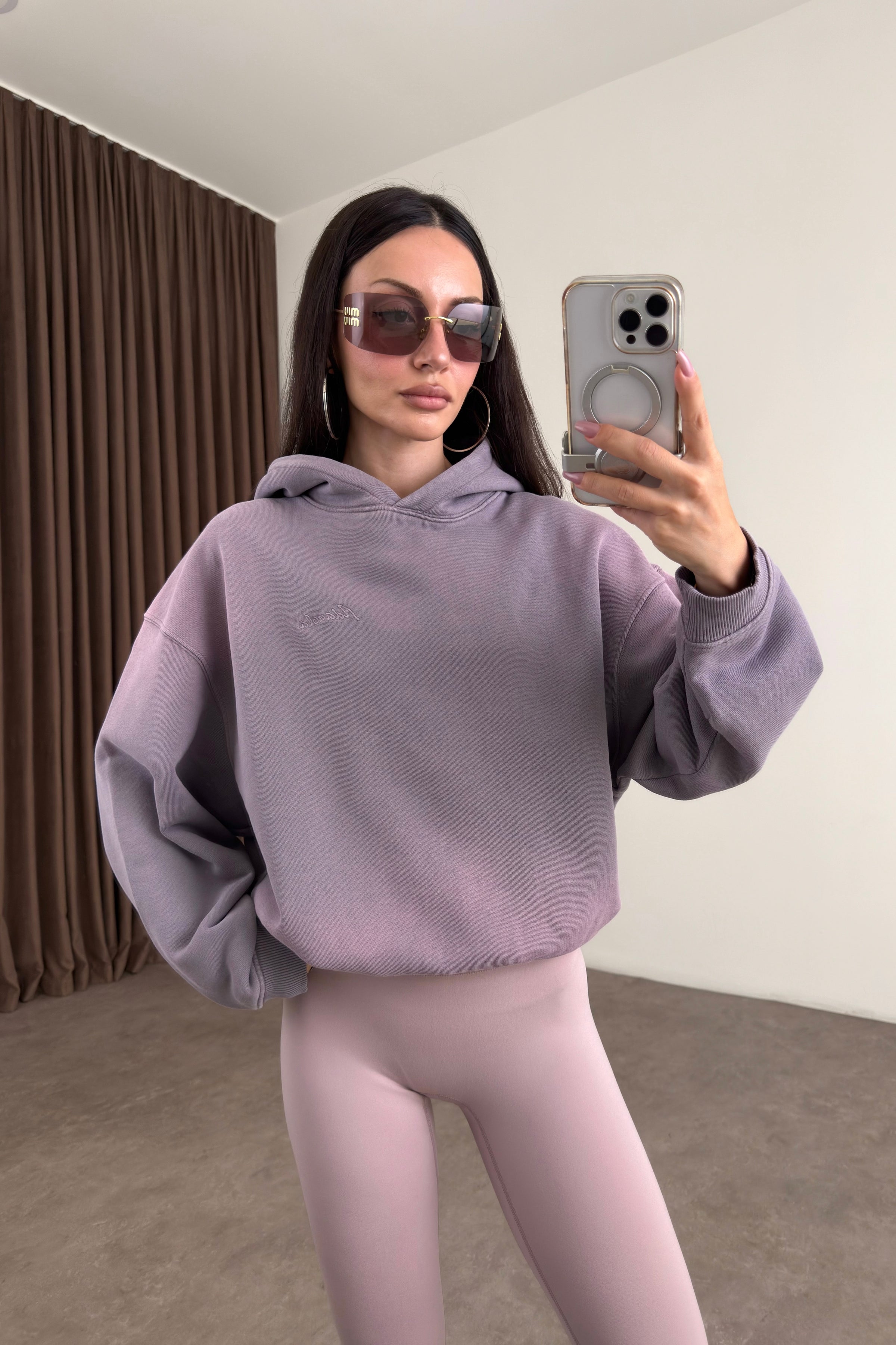 Orijinal Marka Kapüşonlu Asit Efektli Lila Sweatshirt
