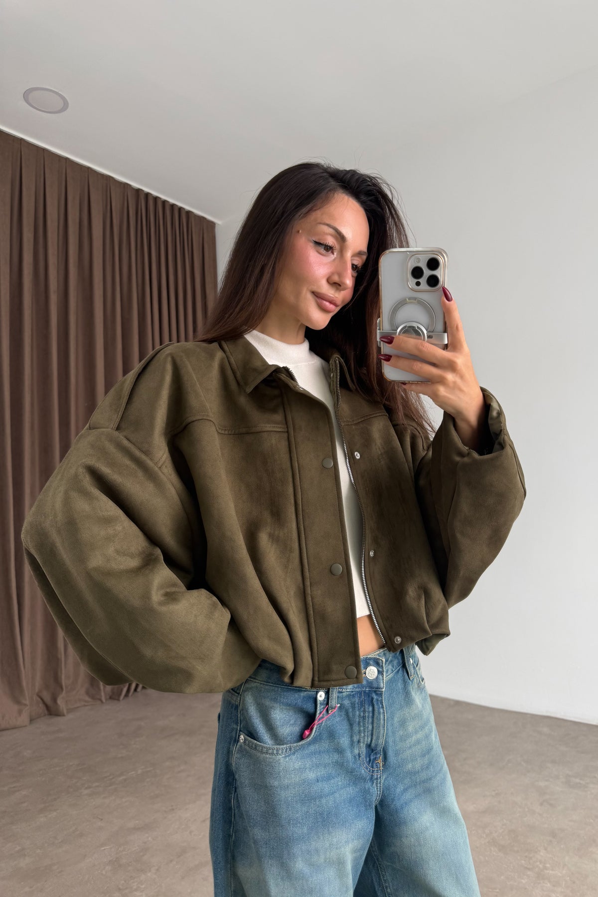 Premium Haki Süet Bomber Ceket