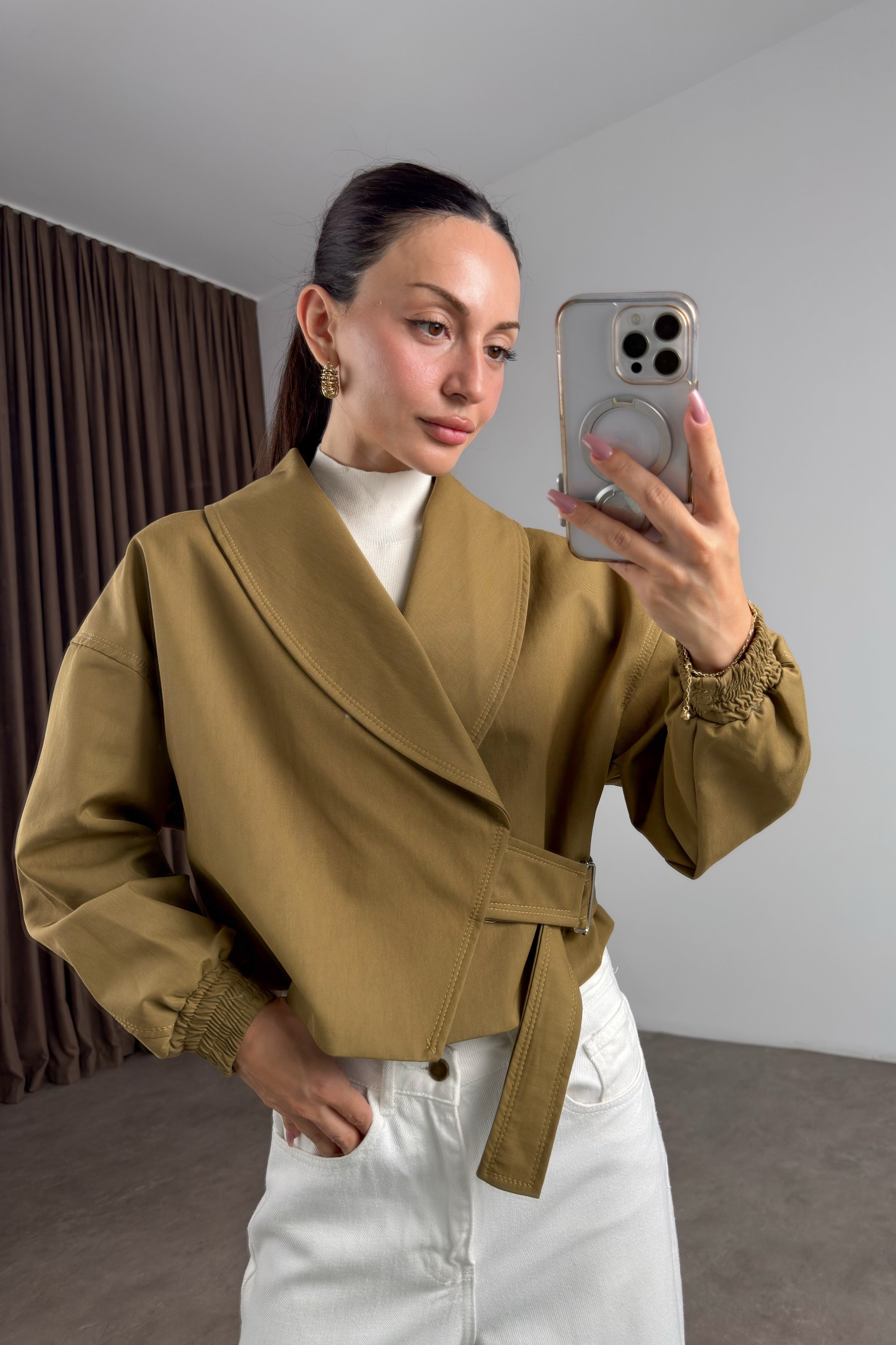 Kruvaze Kesim Şal Yaka Kemerli Olive  Bomber Trençkot