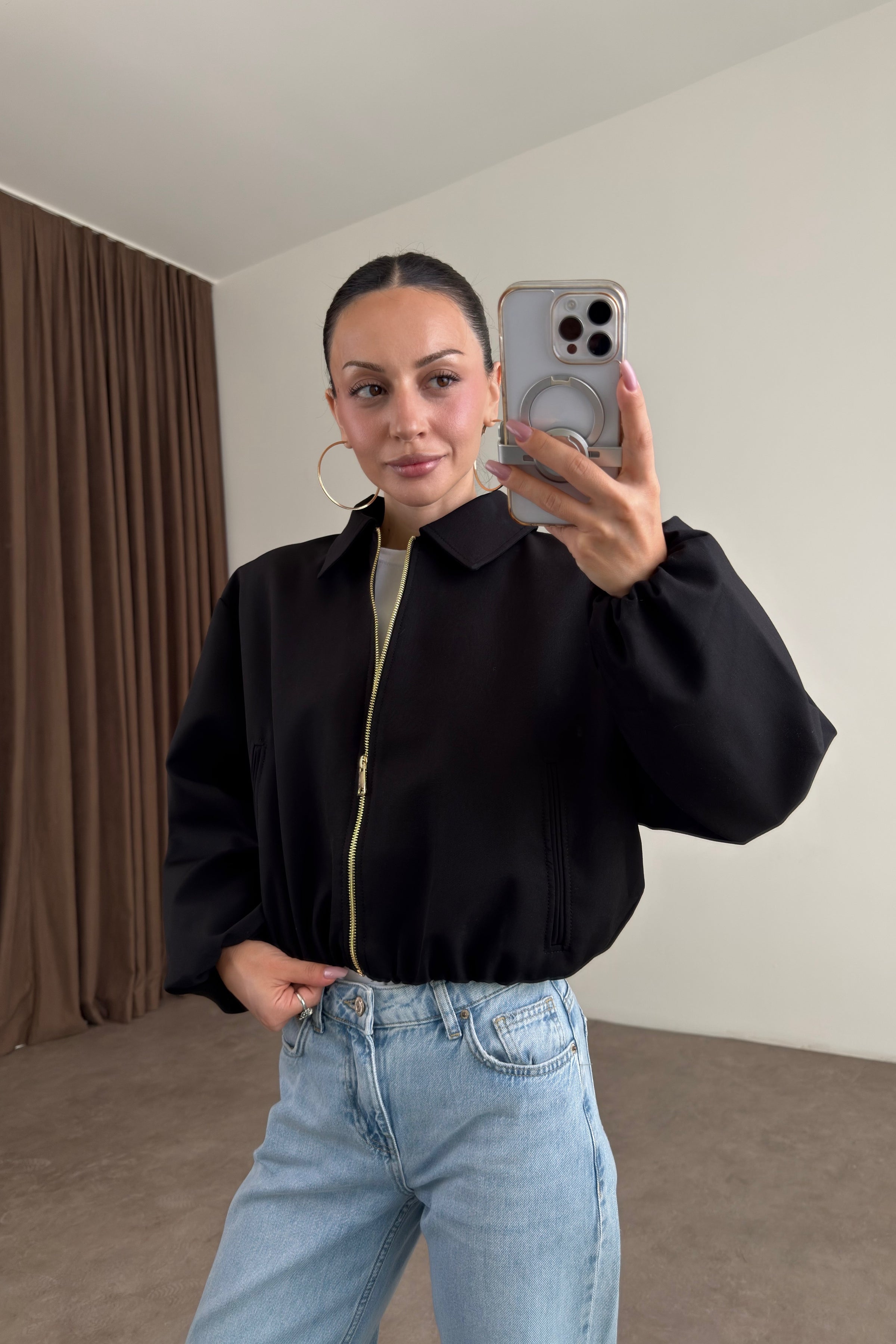 Premium Polo Yaka Siyah Bomber Ceket