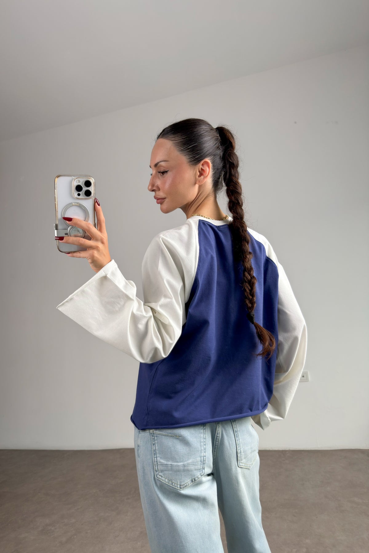 Brshk Beyaz Mavi Beyzbol Sweatshirt