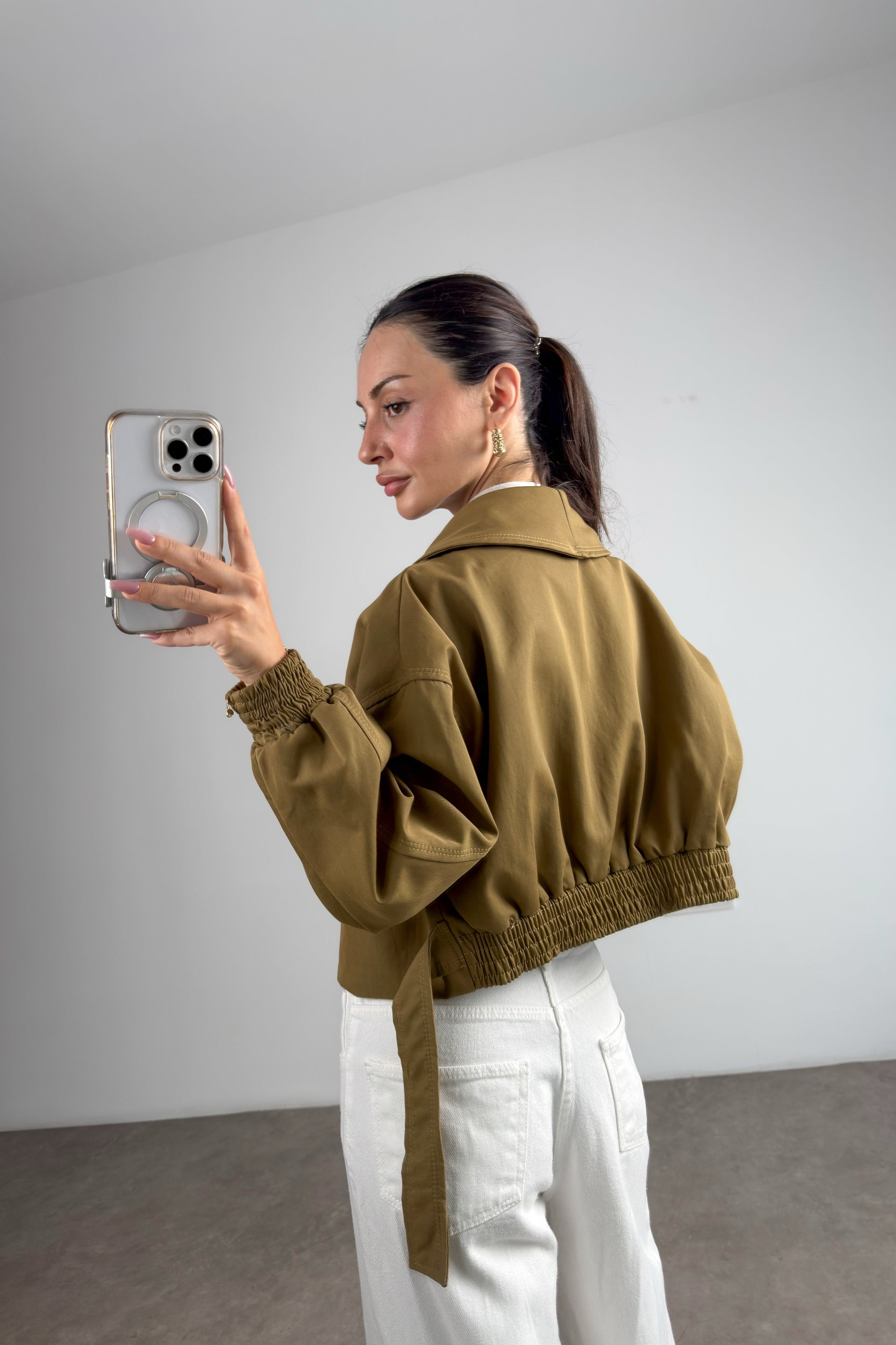 Kruvaze Kesim Şal Yaka Kemerli Olive  Bomber Trençkot