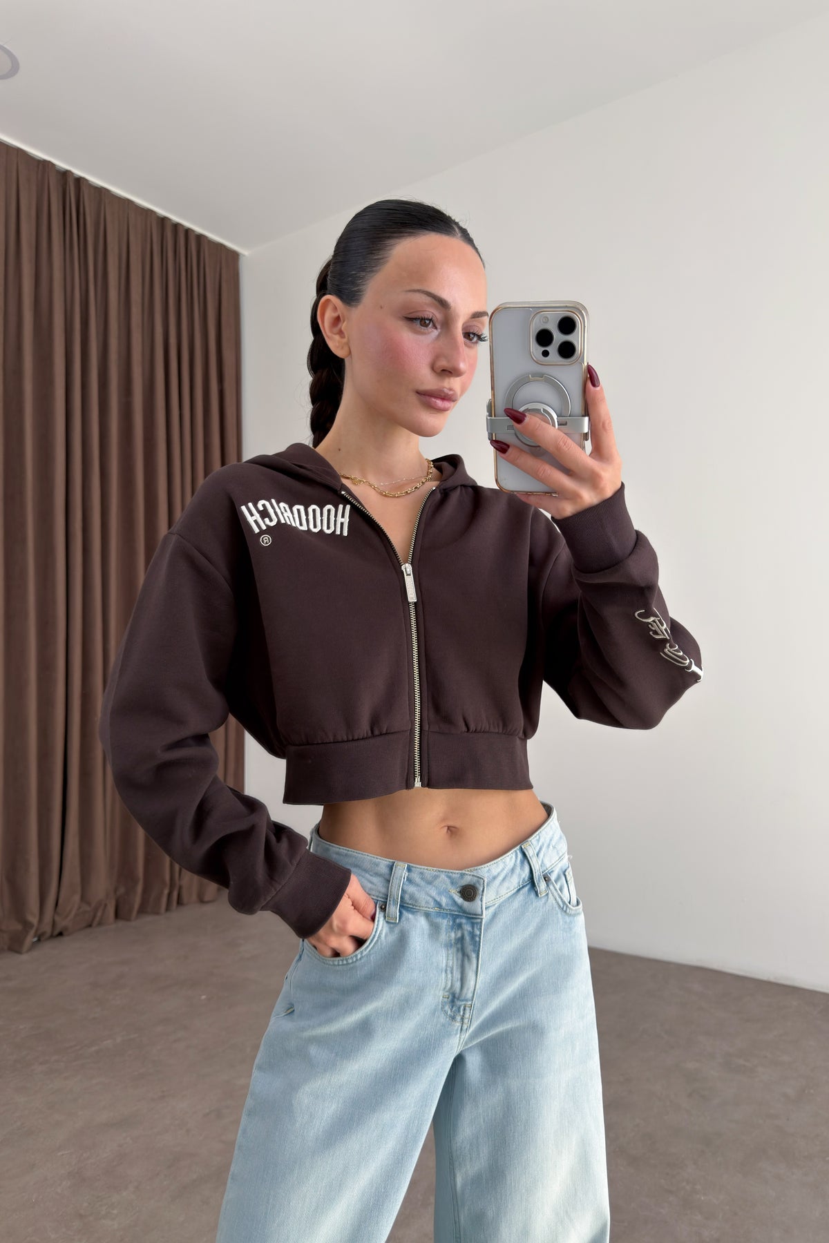 Hoodrich Şardonlu Nakış Detaylı Kahve Fermuarlı Sweatshirt
