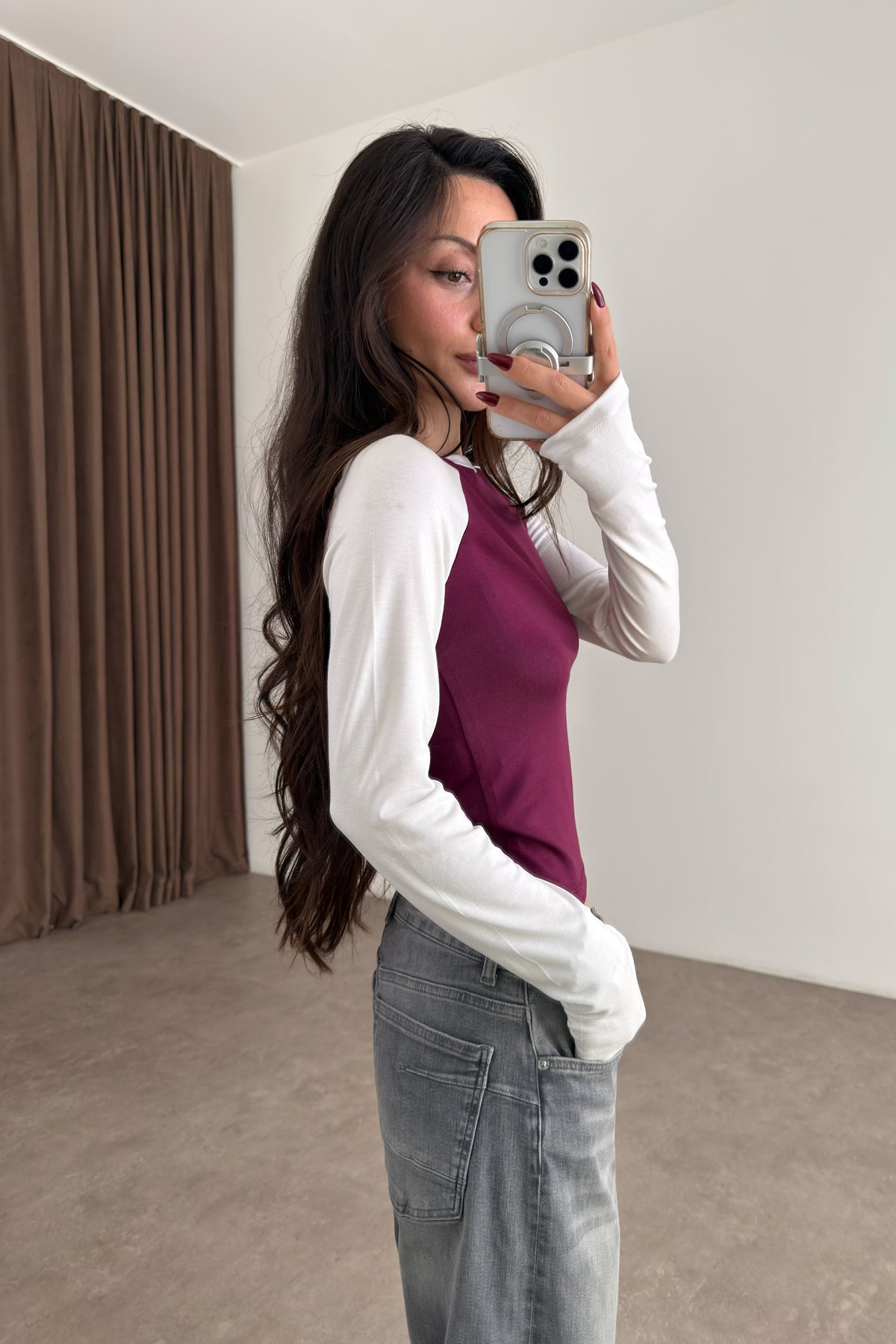 Raglan Kollu Beyaz Mürdüm Body