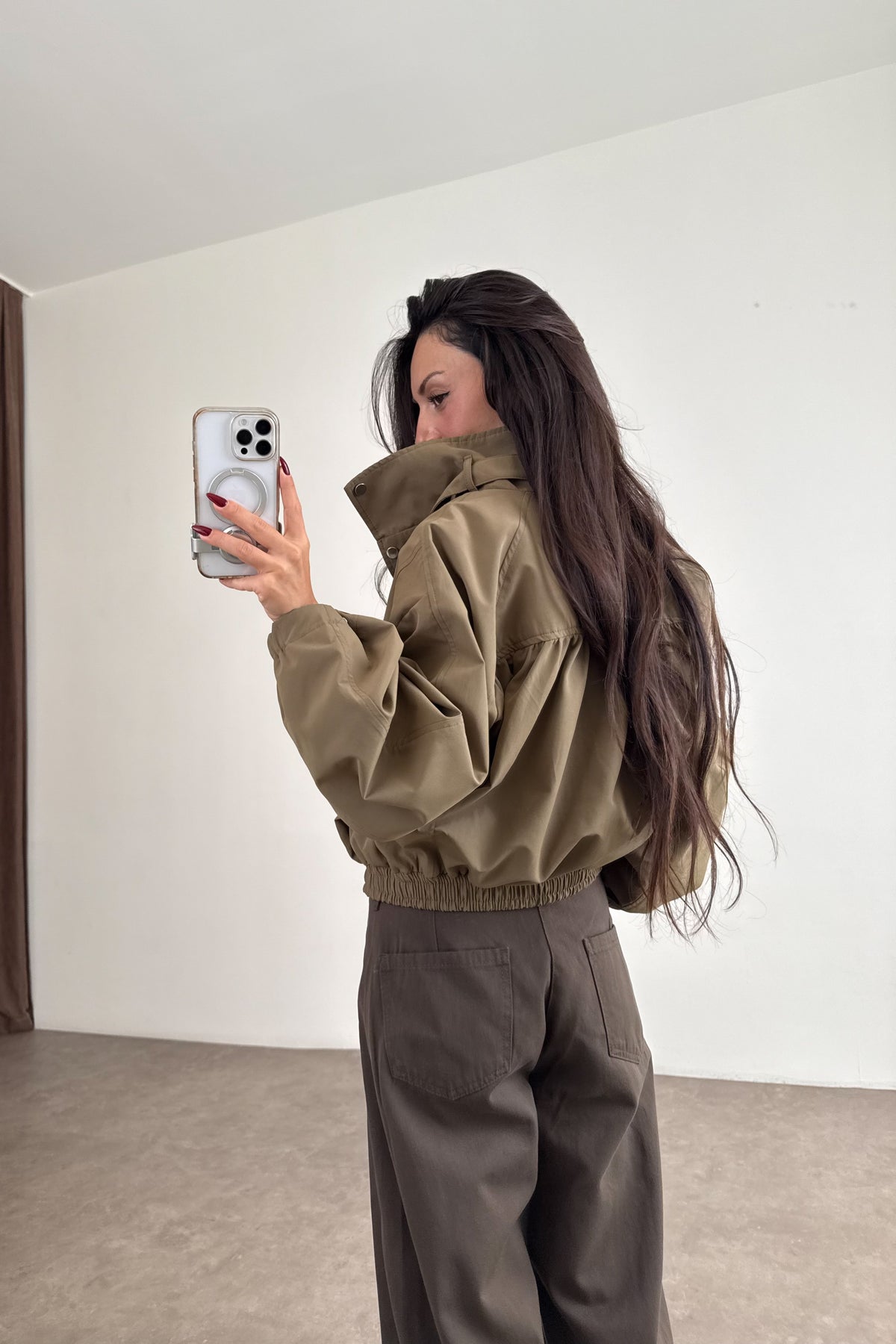 Haki Bomber Kesim Yakası Kemerli Ceket
