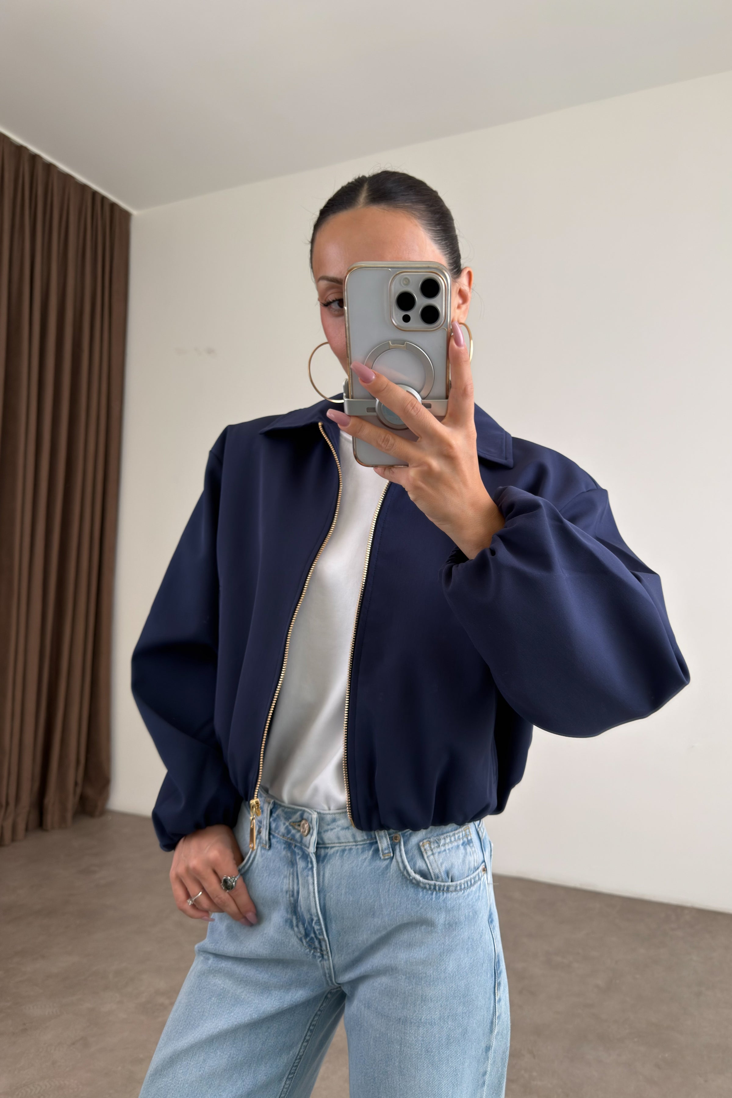 Premium Polo Yaka Lacivert Bomber Ceket