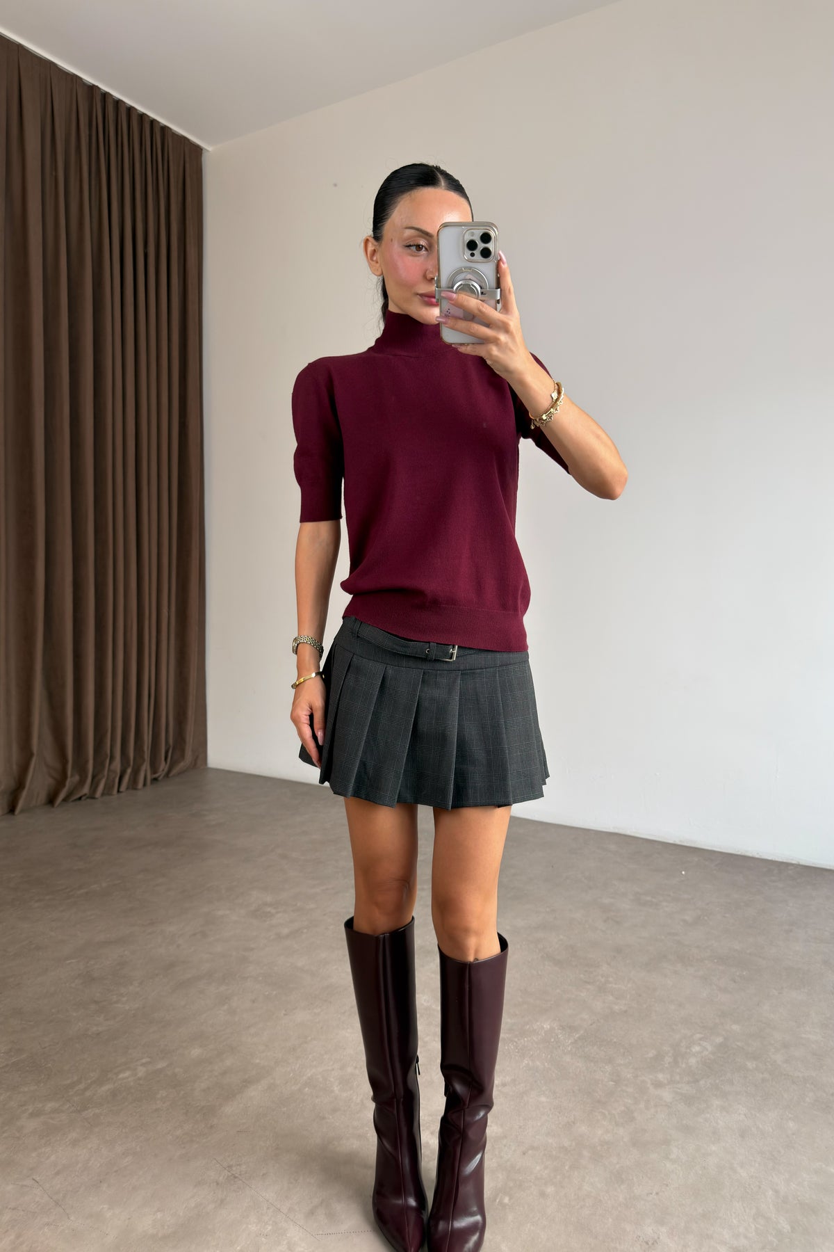 Yarım Boğazlı Kısa Kollu Modal Bordo Triko