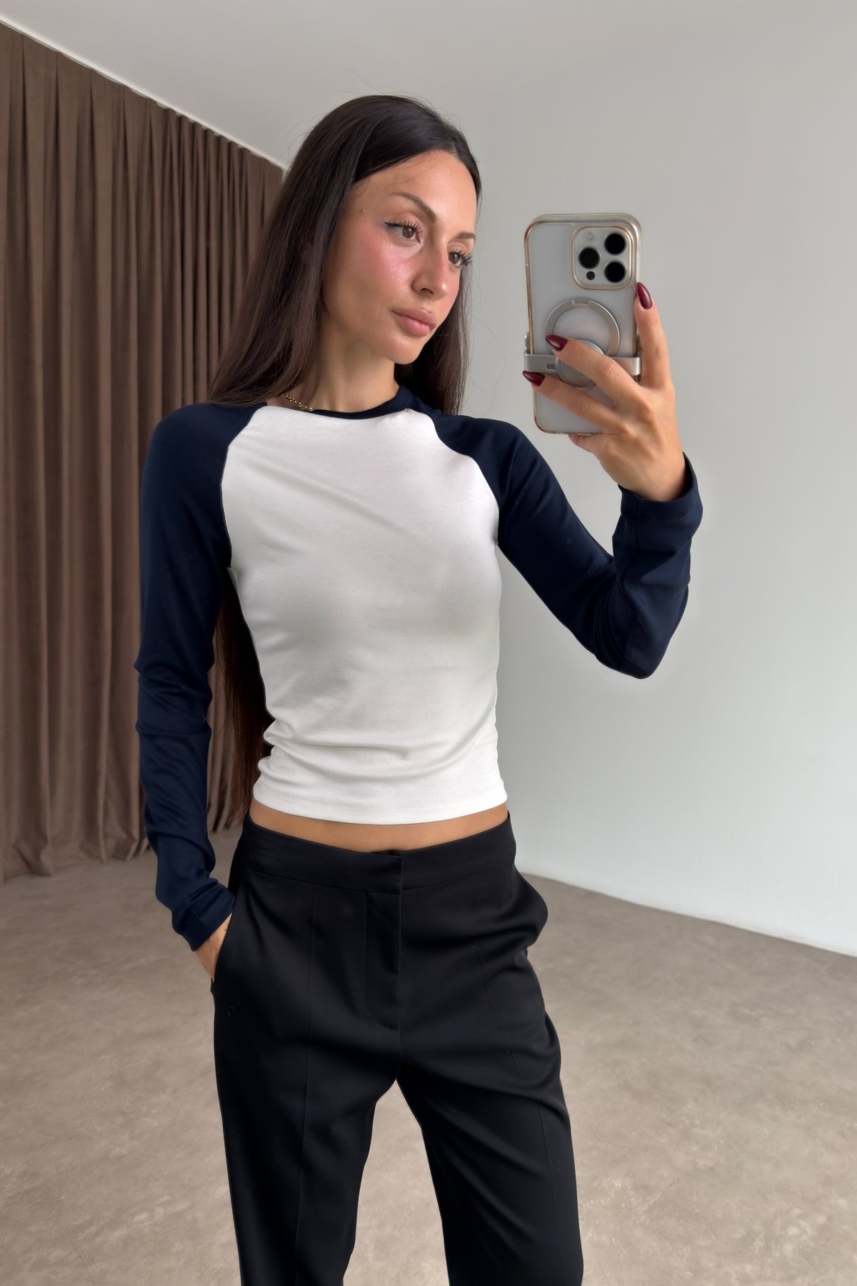 Raglan Kollu Lacivert Beyaz Body