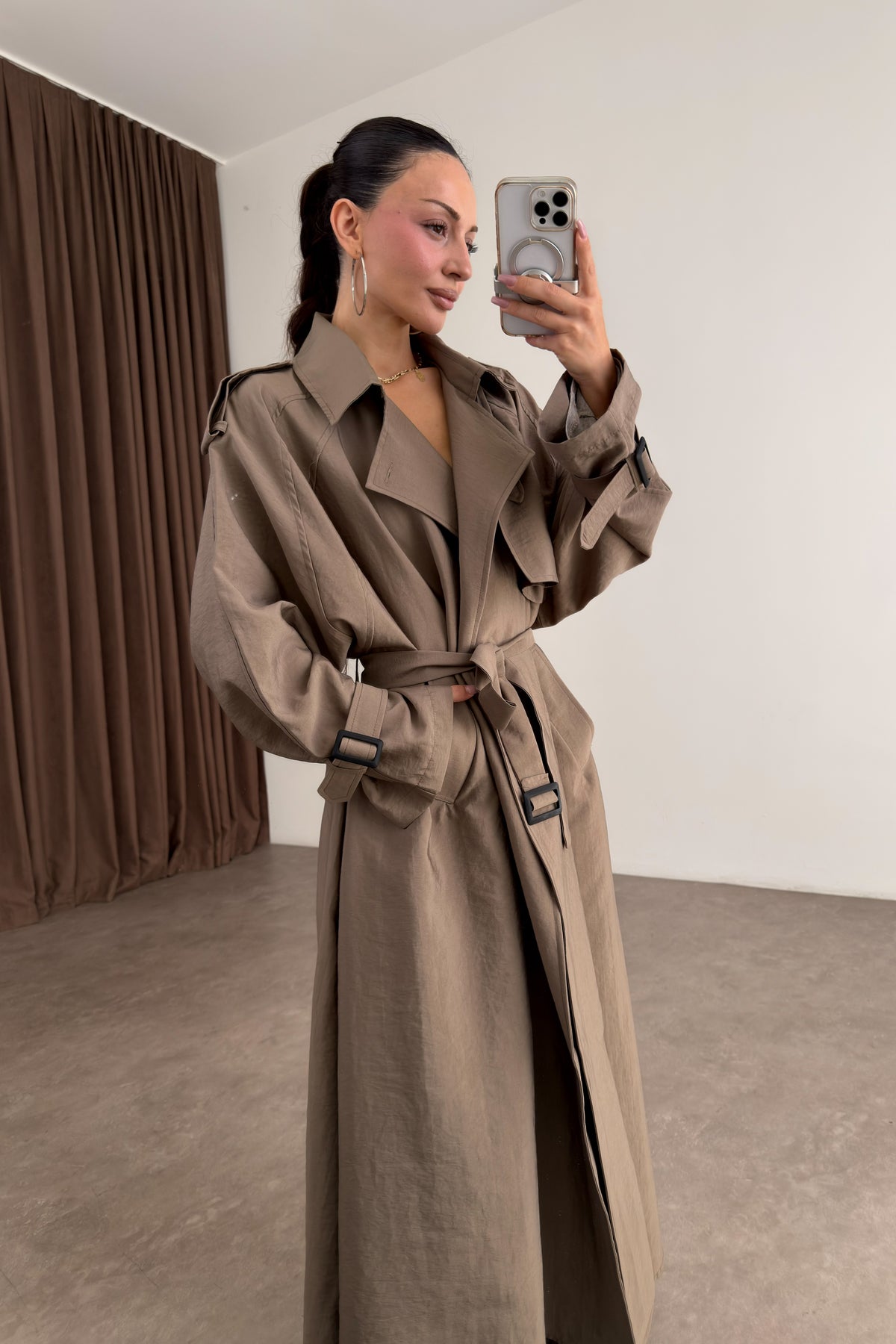 Premium Oversize Dökümlü Uzun Khaki Trençkot