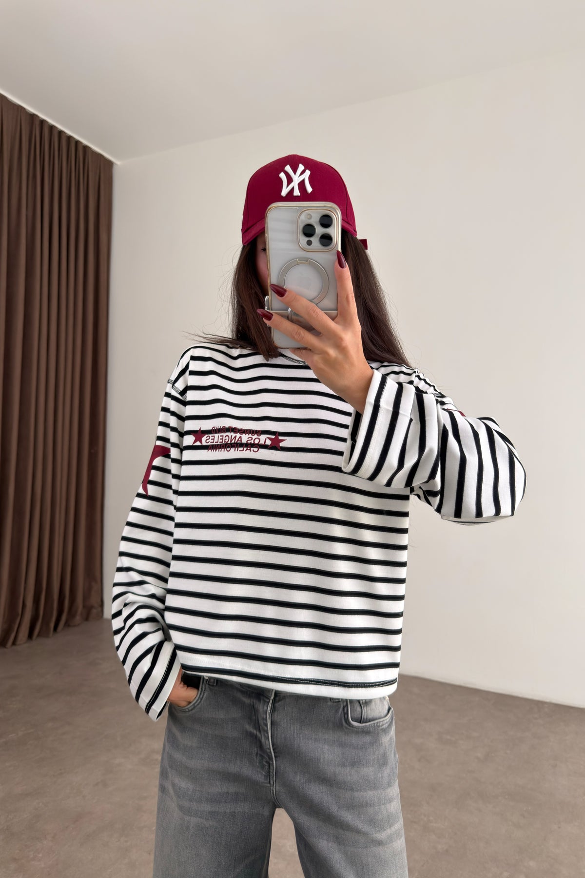 LA Siyah Beyaz Çizgili Sweatshirt