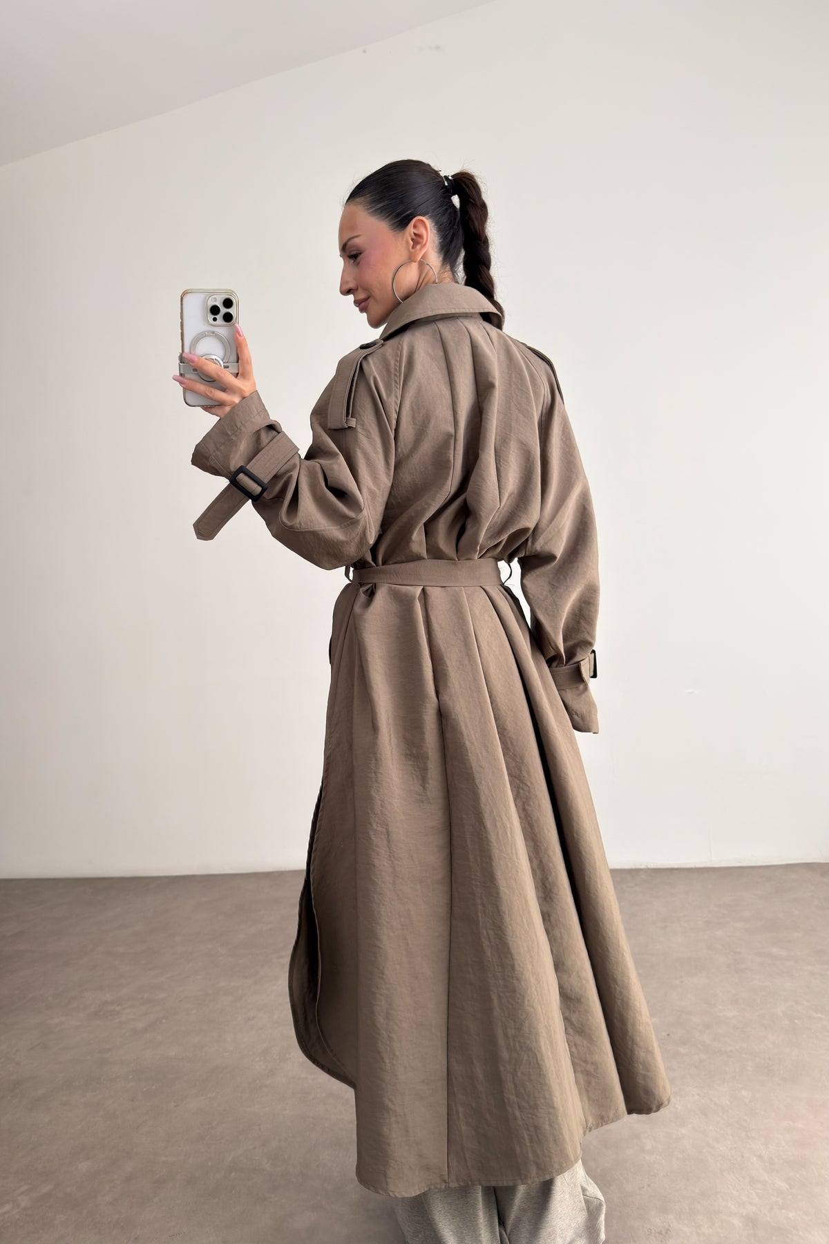 Premium Oversize Dökümlü Uzun Khaki Trençkot