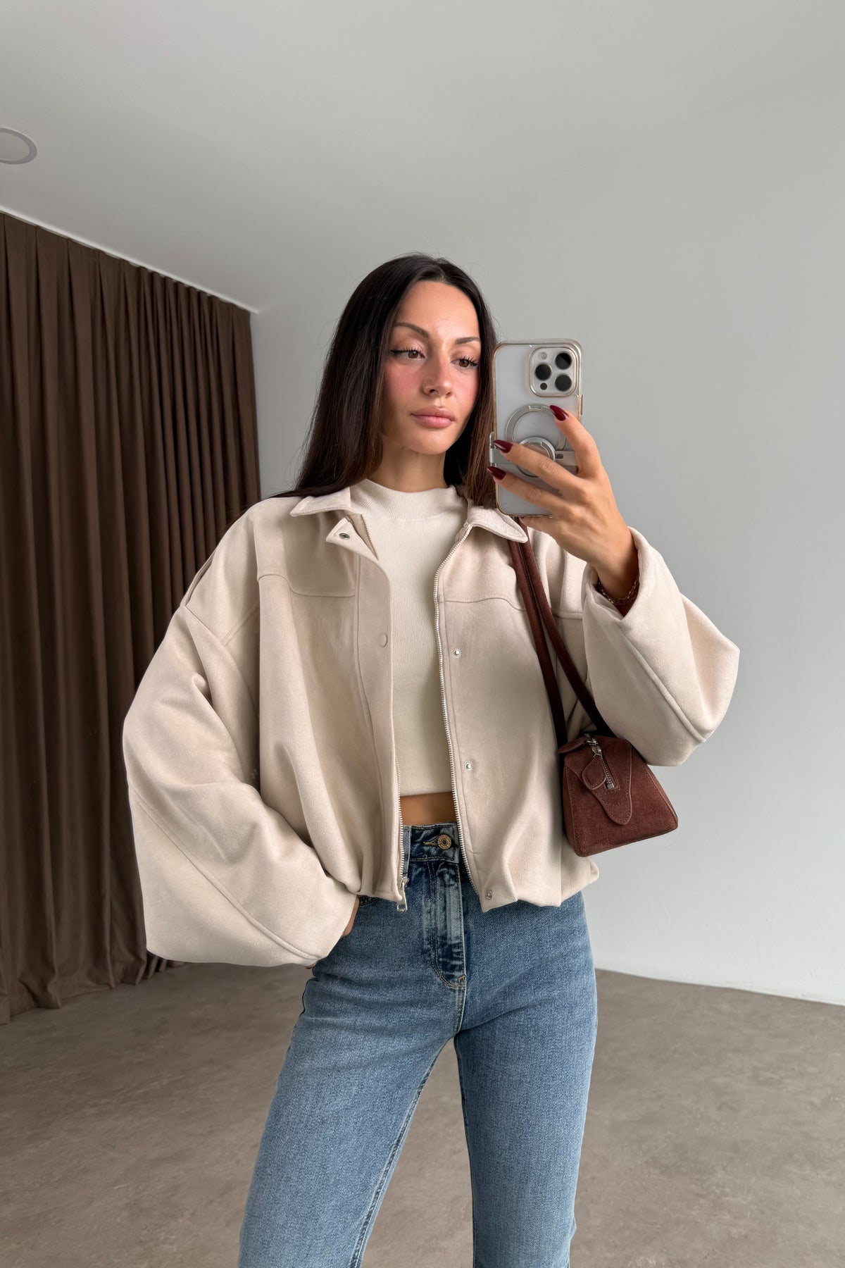Premium Bej Süet Bomber Ceket