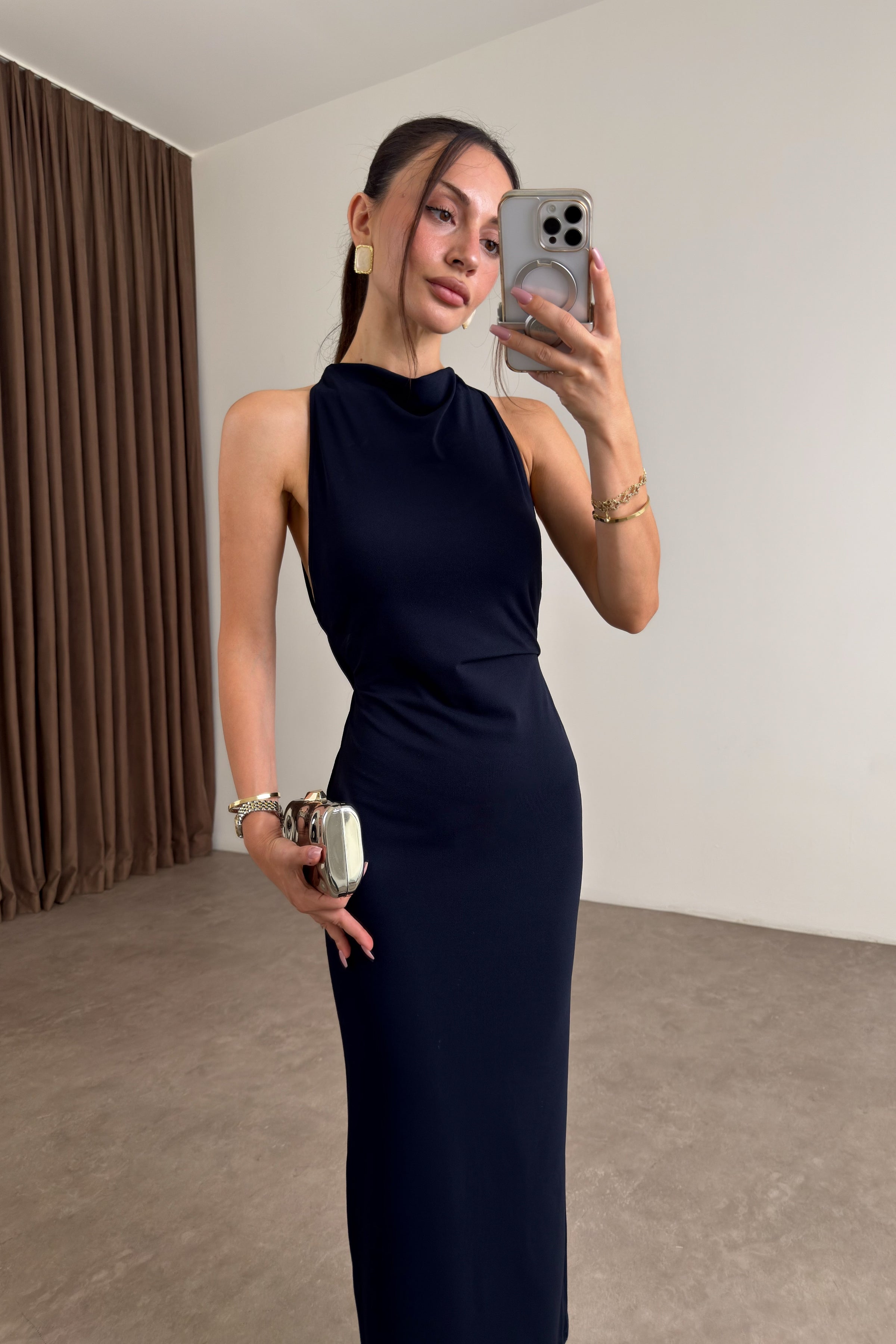 Zr Halter Yaka Sırt Dekolteli Midi Lacivert Elbise
