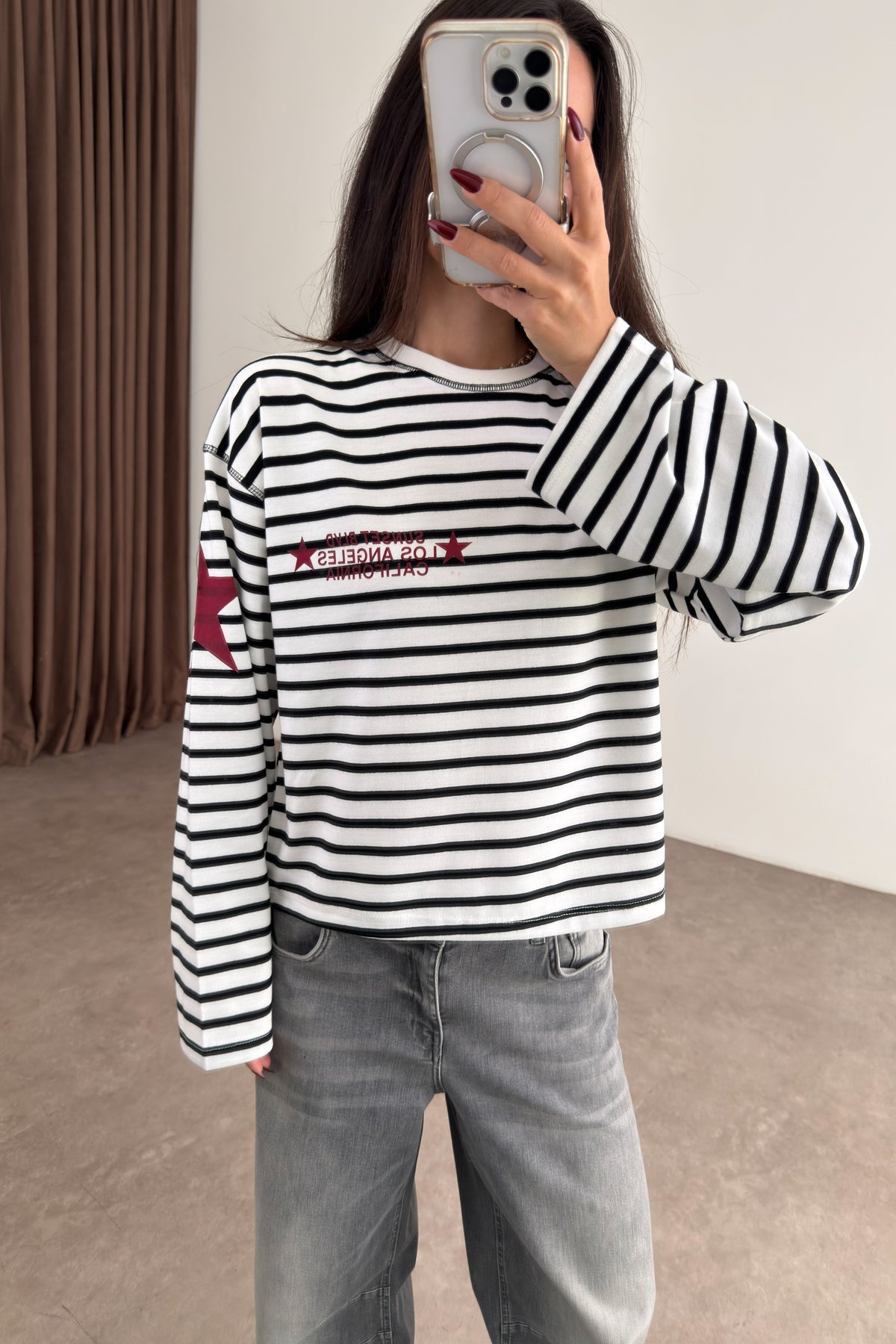 LA Siyah Beyaz Çizgili Sweatshirt
