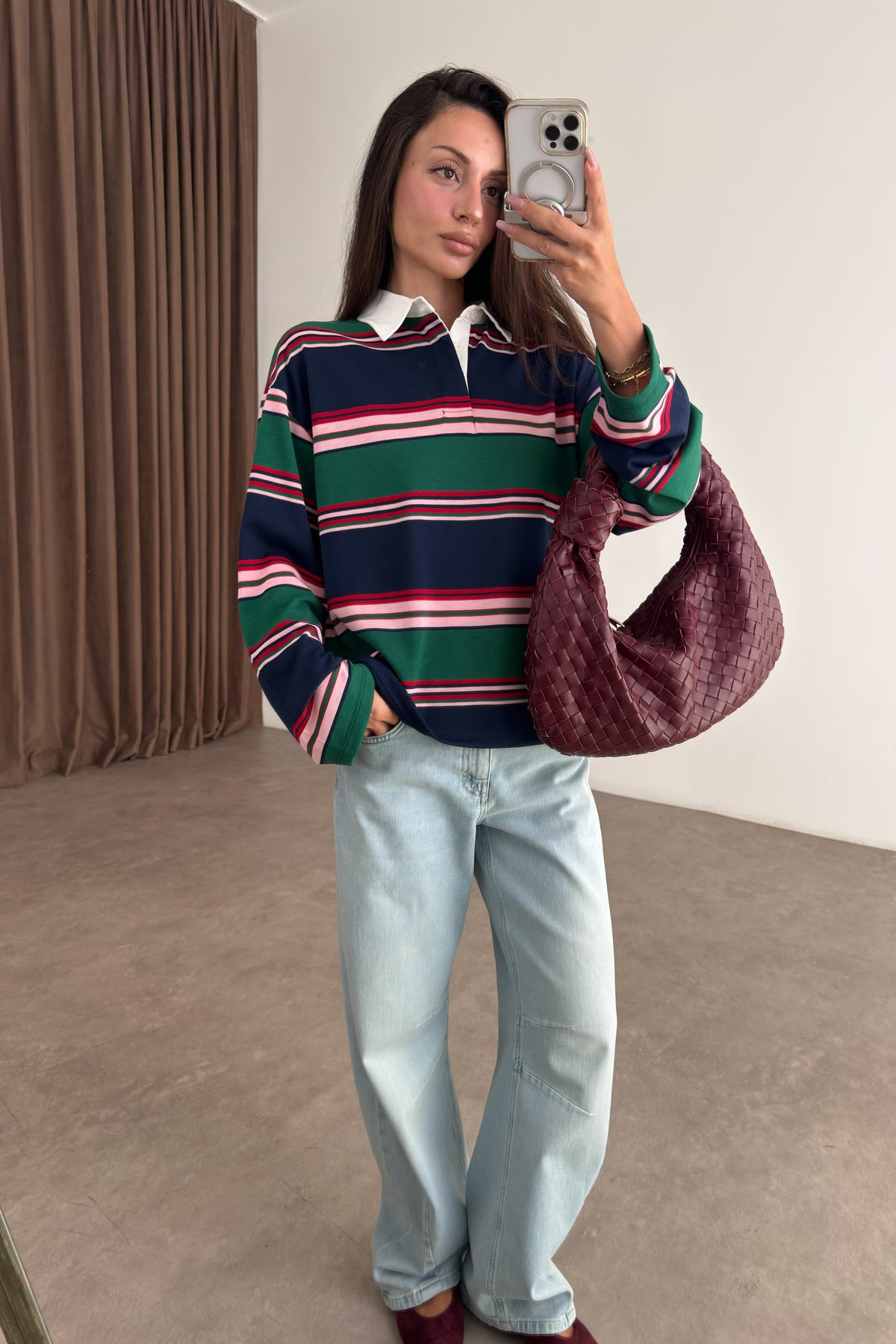 Zr Model Polo Yaka Yeşil Pembe Çizgili Tişört