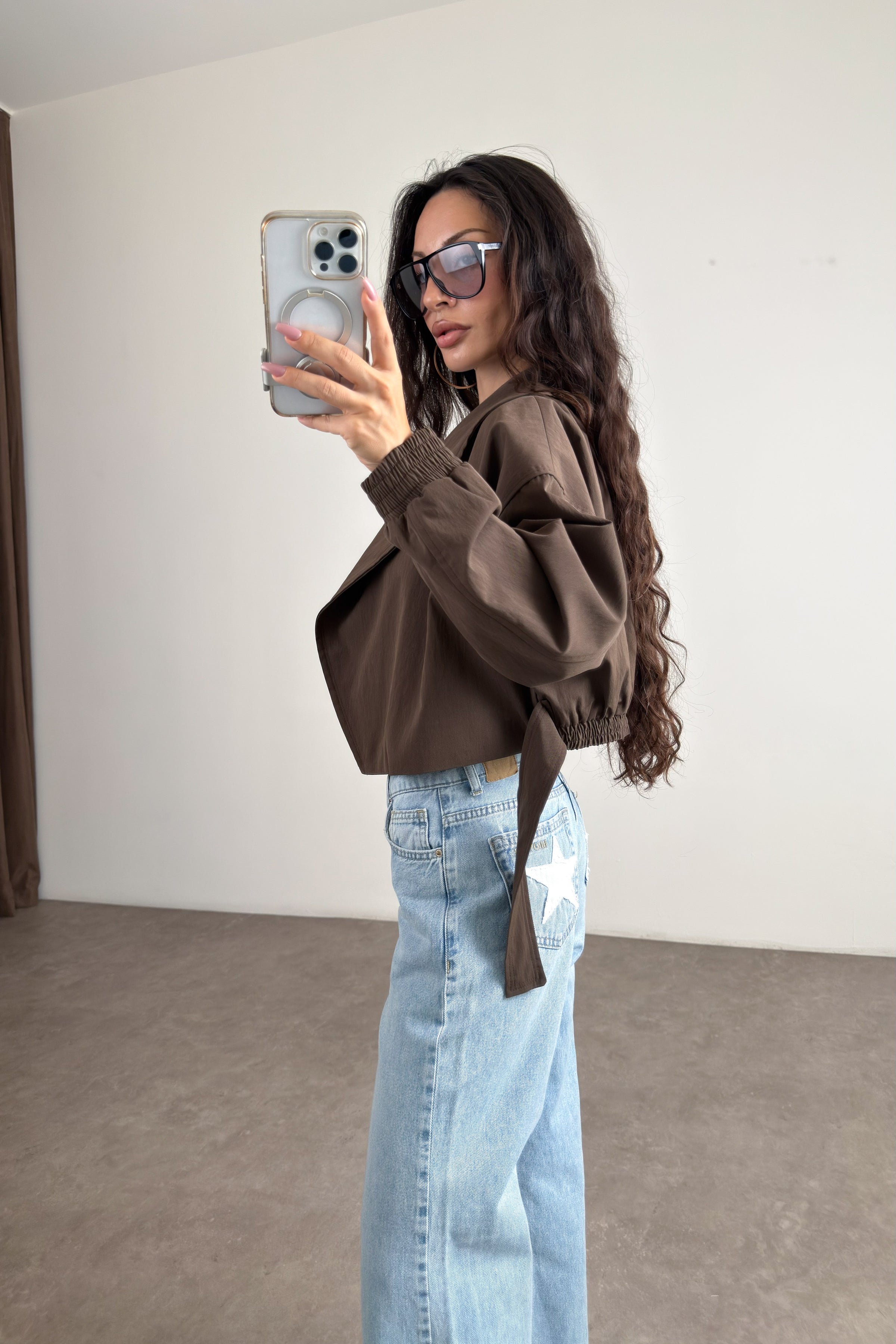 Kruvaze Kesim Şal Yaka Kemerli Walnut Bomber Trençkot