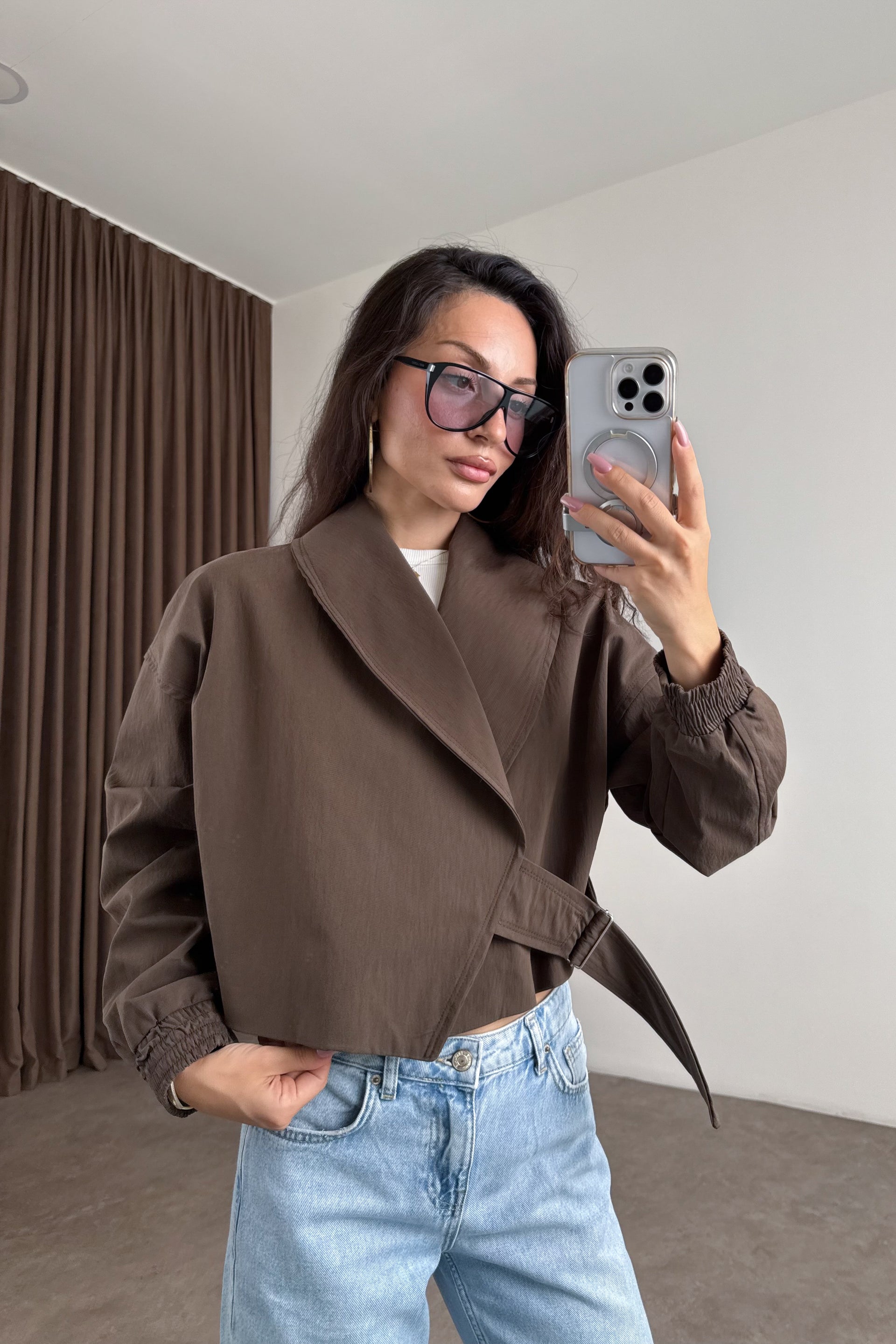Kruvaze Kesim Şal Yaka Kemerli Walnut Bomber Trençkot